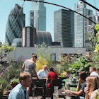 People drinking on the verdant rooftop of the Culpepr on a sunny day; there is view of the futuristic City of London skyline beyond, including the Gherkin building.