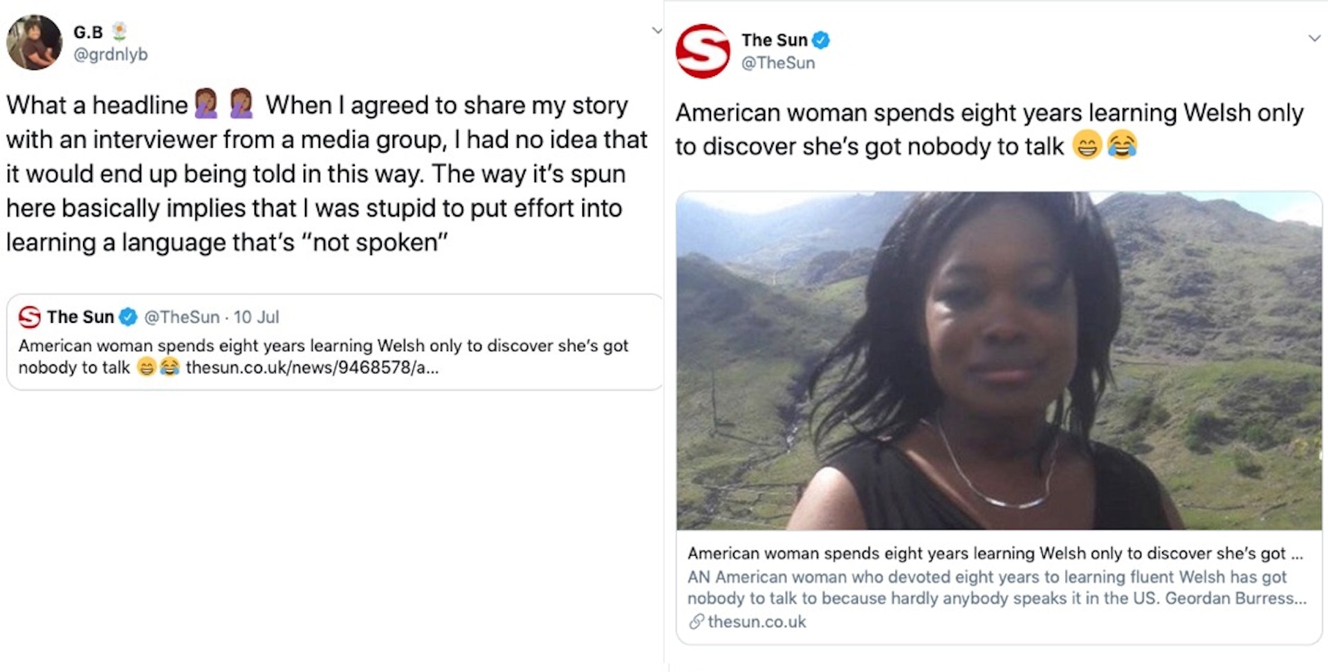 Screengrab of two tweets: the right one is a story from The Sun newspaper mocking Geordan for learning Welsh. The one on the left is her reaction to this.