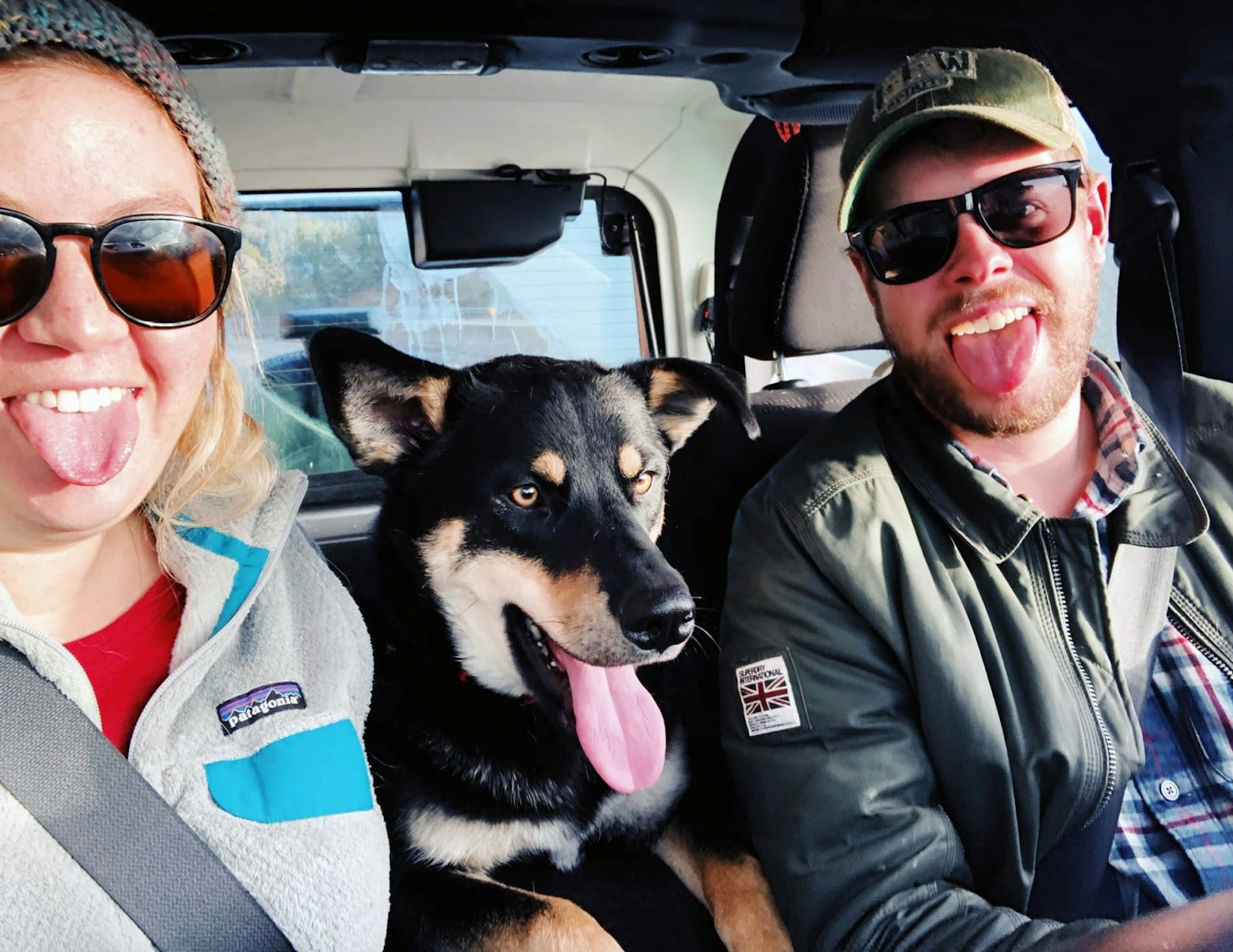 A man and a woman stick their tongues out in a selfie while riding in the cab of a truck as a dog in the back seat sticks its tongue out between them; travel with dogs