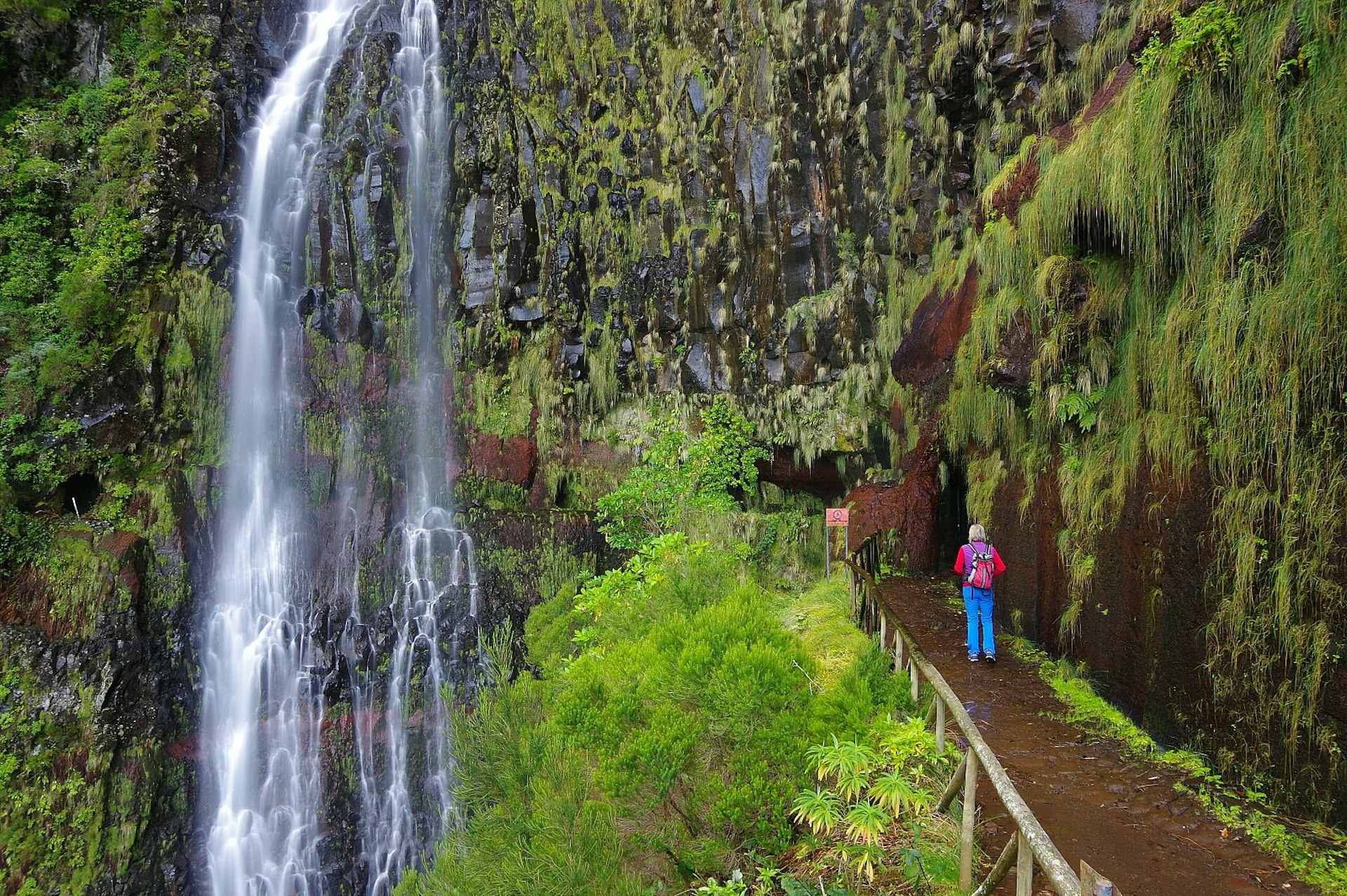 A woman stands by a levada, an open irrigation channel specific to Madeira, looking at a waterfall amid dense greenery and leafy scenery. She wears a colourful backpack, bright blue trousers and a purple gilet over a red long-sleeved top.