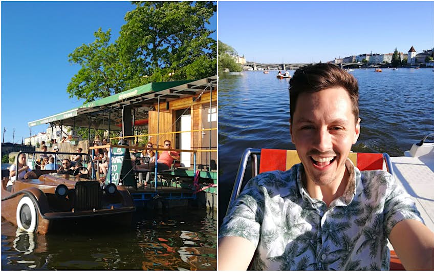 Image on the left of a pedalo moored up at the side of the river. Various people are sitting on the decking enjoying the sunshine. Image on the right is a selfie of Joe Davis on a pedalo.