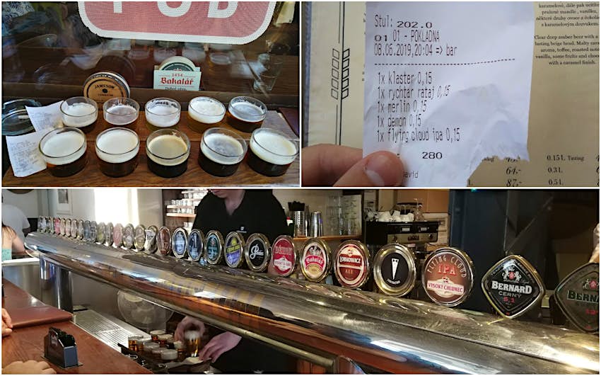 Three images of various bars, beers and a receipt.
