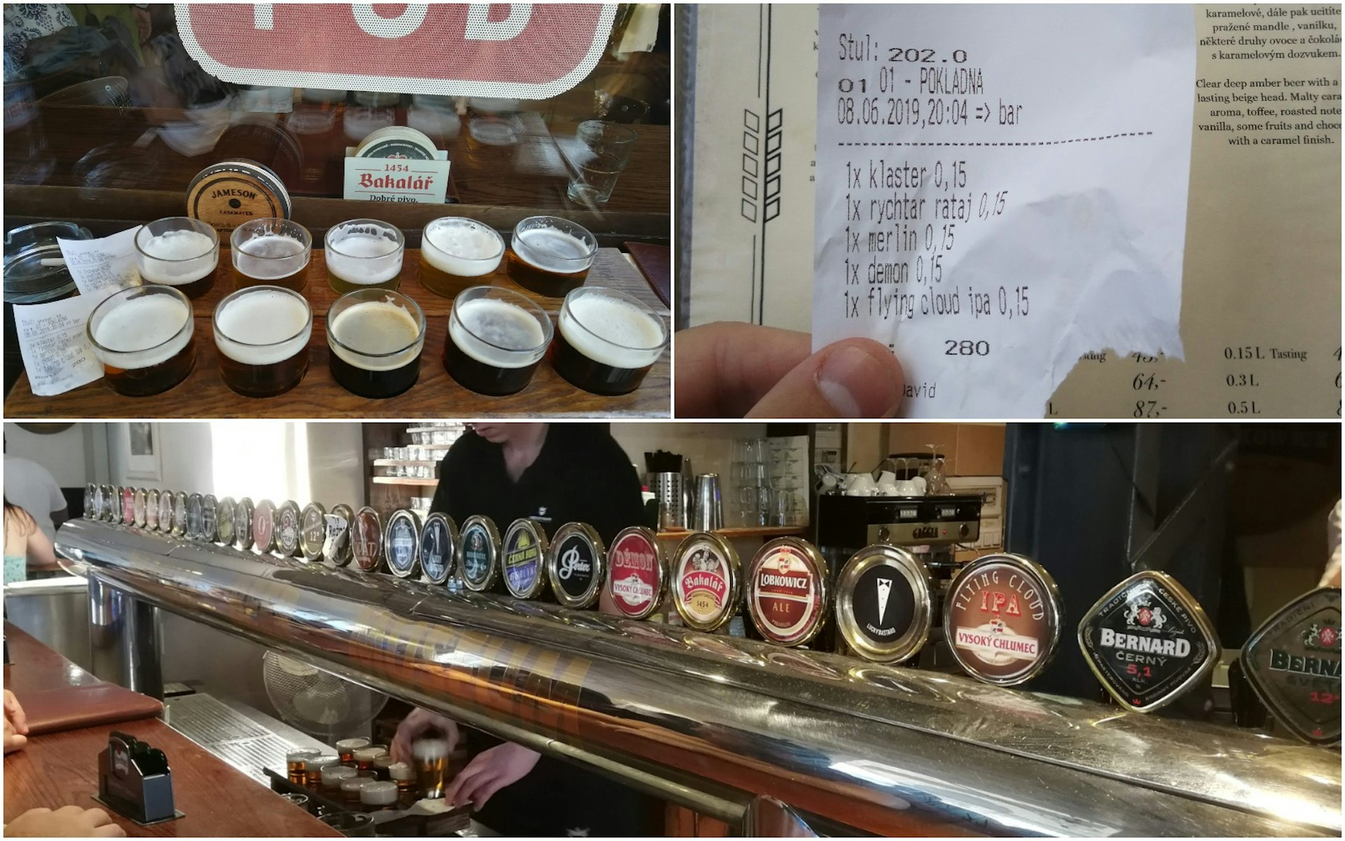 Three images of various bars, beers and a receipt.