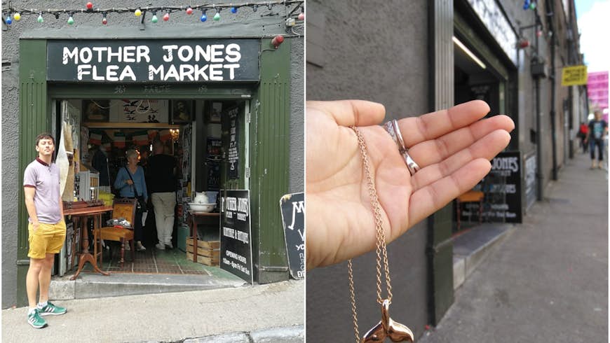 The image is split into two halves: on the left is Christina's pal stood outside the entrance to Mother Jones Flea Market; you can see trinkets and furniture on sale inside; the other half of the pic is of Christina's hand clutching the pendant she bought in the market. 