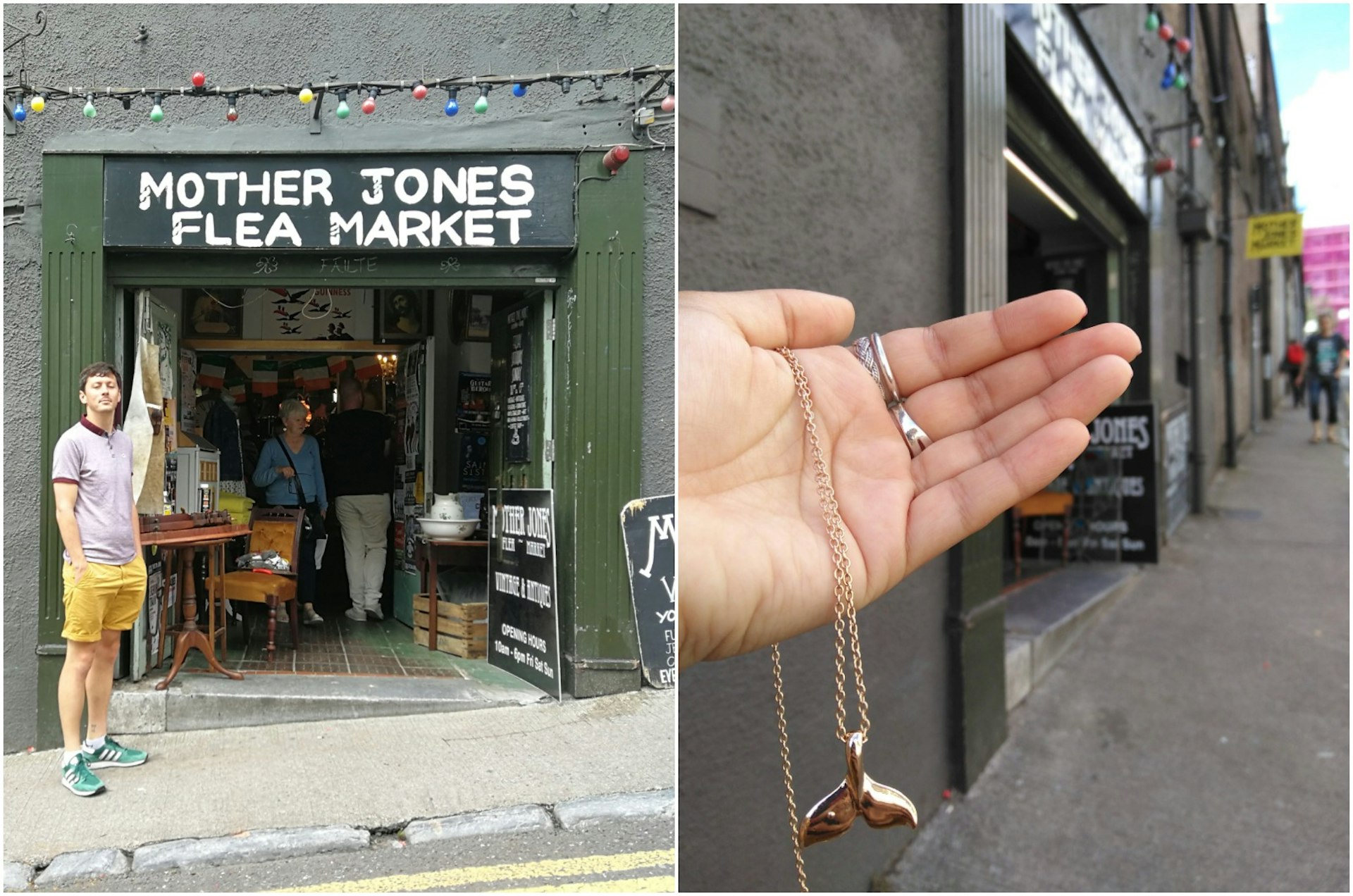 The image is split into two halves: on the left is Christina's pal stood outside the entrance to Mother Jones Flea Market; you can see trinkets and furniture on sale inside; the other half of the pic is of Christina's hand clutching the pendant she bought in the market. 