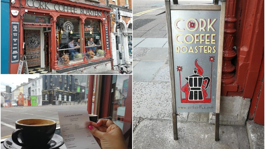 A collage of three images: top left is the red-painted exterior of Cork Coffee Roasters; bottom left is Christina's coffee with her hand holding the receipt next to it; right is a board outside the shop bearing its name and a coffee pot.