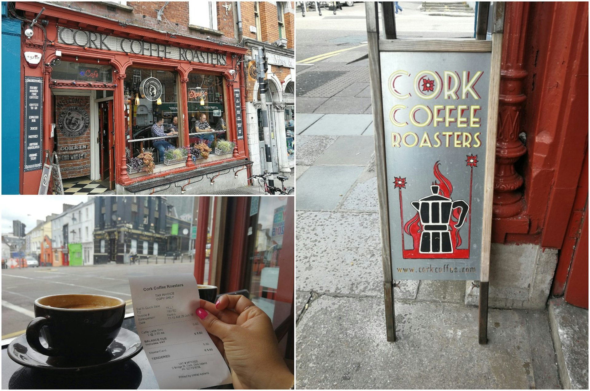 A collage of three images: top left is the red-painted exterior of Cork Coffee Roasters; bottom left is Christina's coffee with her hand holding the receipt next to it; right is a board outside the shop bearing its name and a coffee pot.