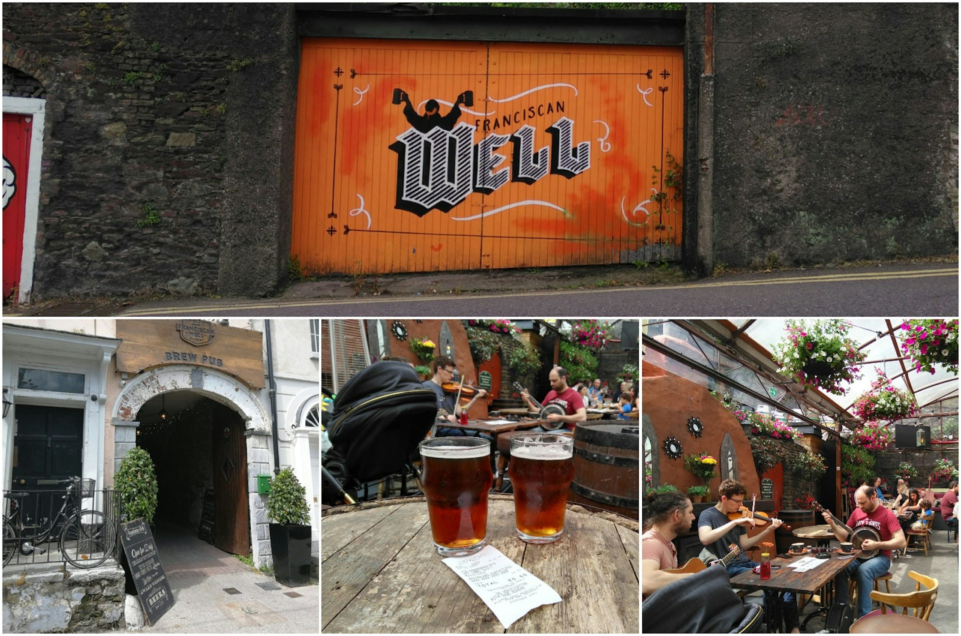 Top: the orange gateway of Franciscan Well: bottom left: the arched entrance to the pub; middle: two pints sitting on a wooden tabletop in the garden; right: traditional musicians performing in the garden.