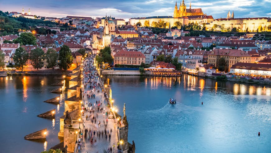 Panorama of Prague with red roofs from above on a summer day at dusk, Czech Republic