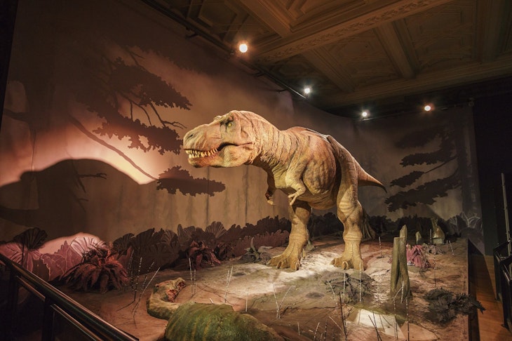 A large T-Rex stands in an empty gallery with light effects creating a sense of being in a prehistoric world