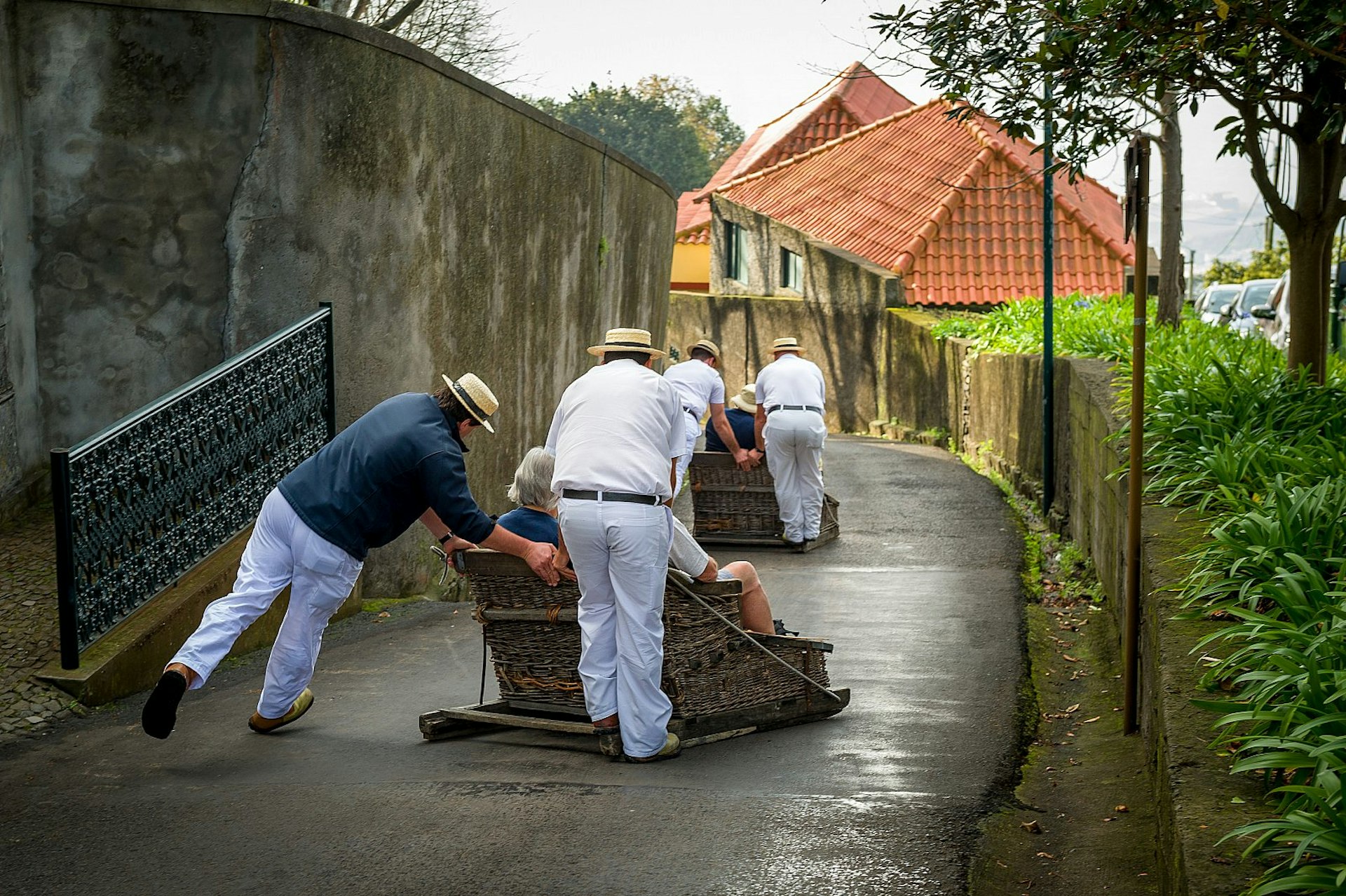 Men in white trousers and boater hats drive passengers in traditional wicker sledges downhill on the streets of Funchal.; it's one of the most fun things to do in Madeira.