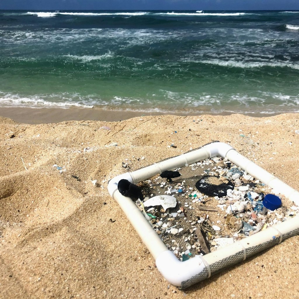 A square sifter sits on the sand by the ocean with lots of small pieces of plastic stuck in its net