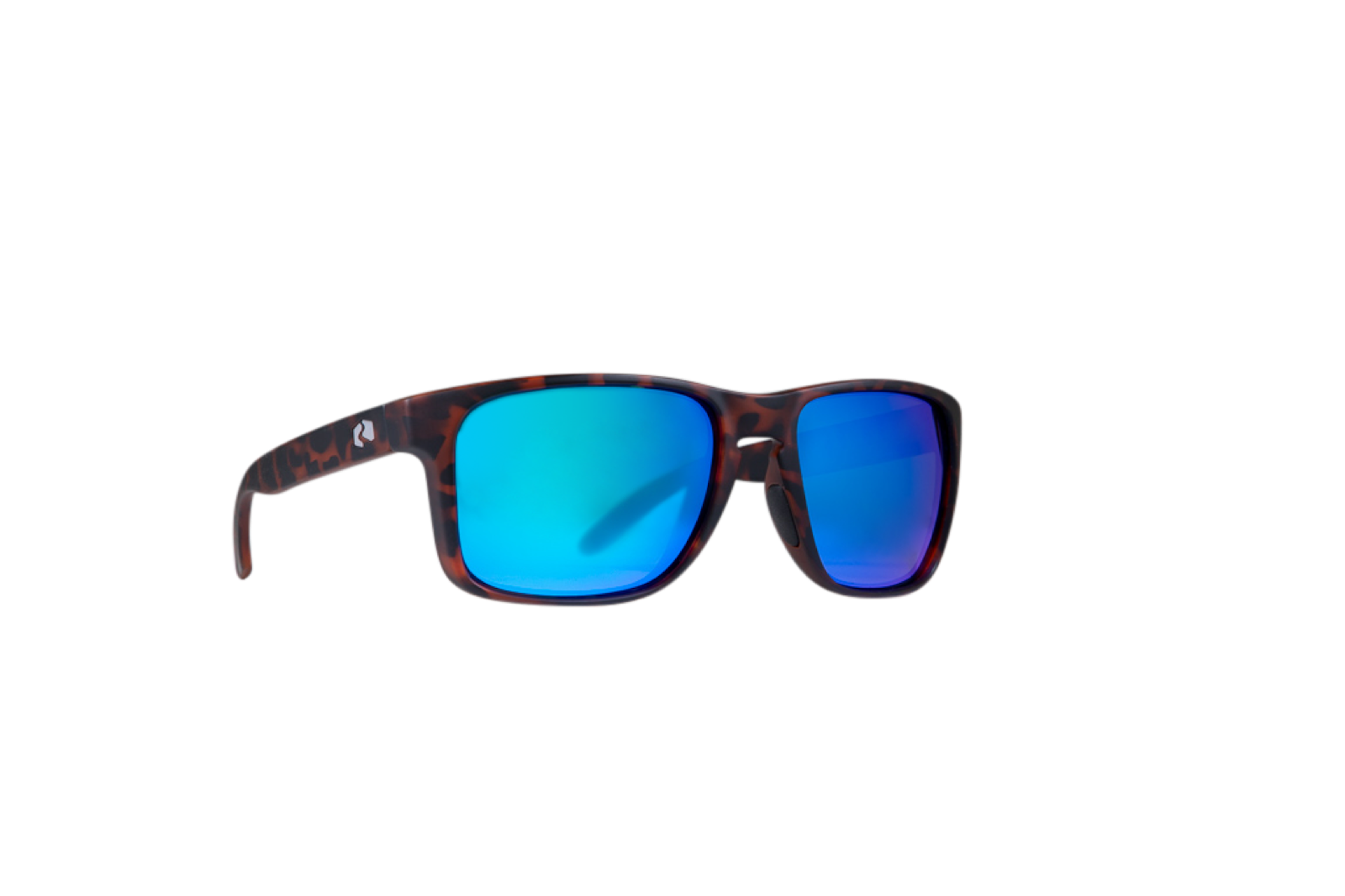 Product shot of sunglasses with blue lenses; beach gear