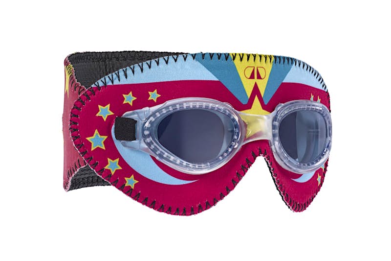 Product shot of goggles with funky designs; beach gear