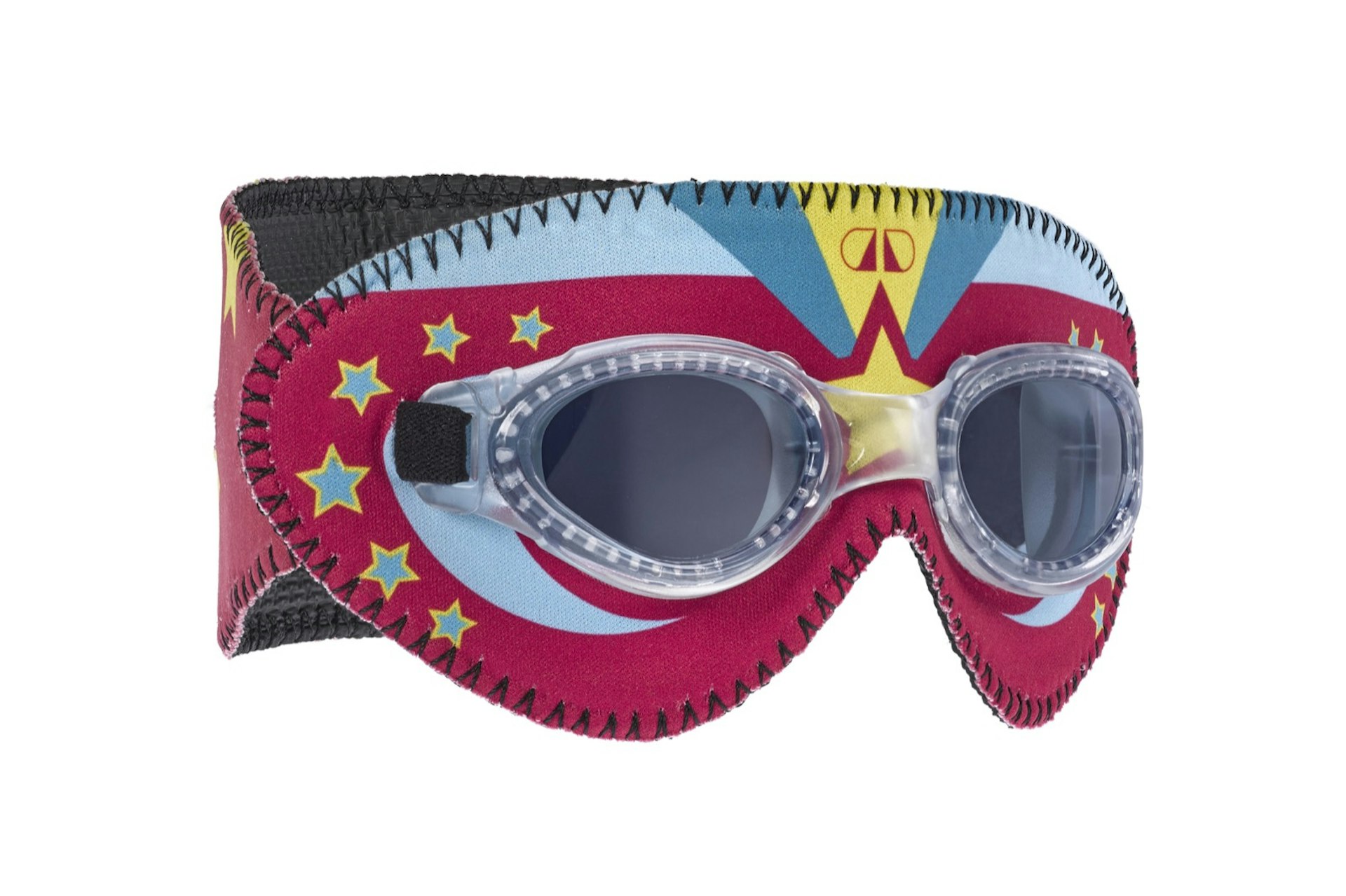 Product shot of goggles with funky designs; beach gear