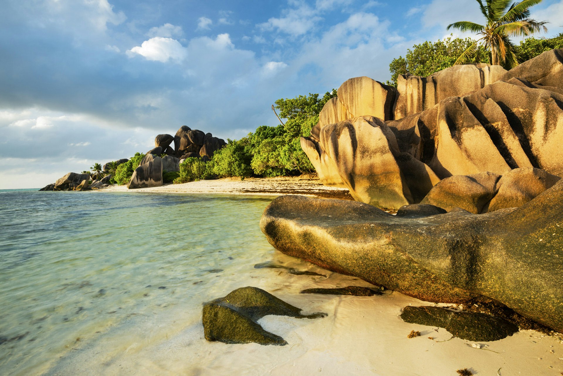 Anse Source d’Argent: smooth yellow and brown boulders stand on golden sands next to the turquoise sea. In the distance more boulders and trees are visible.