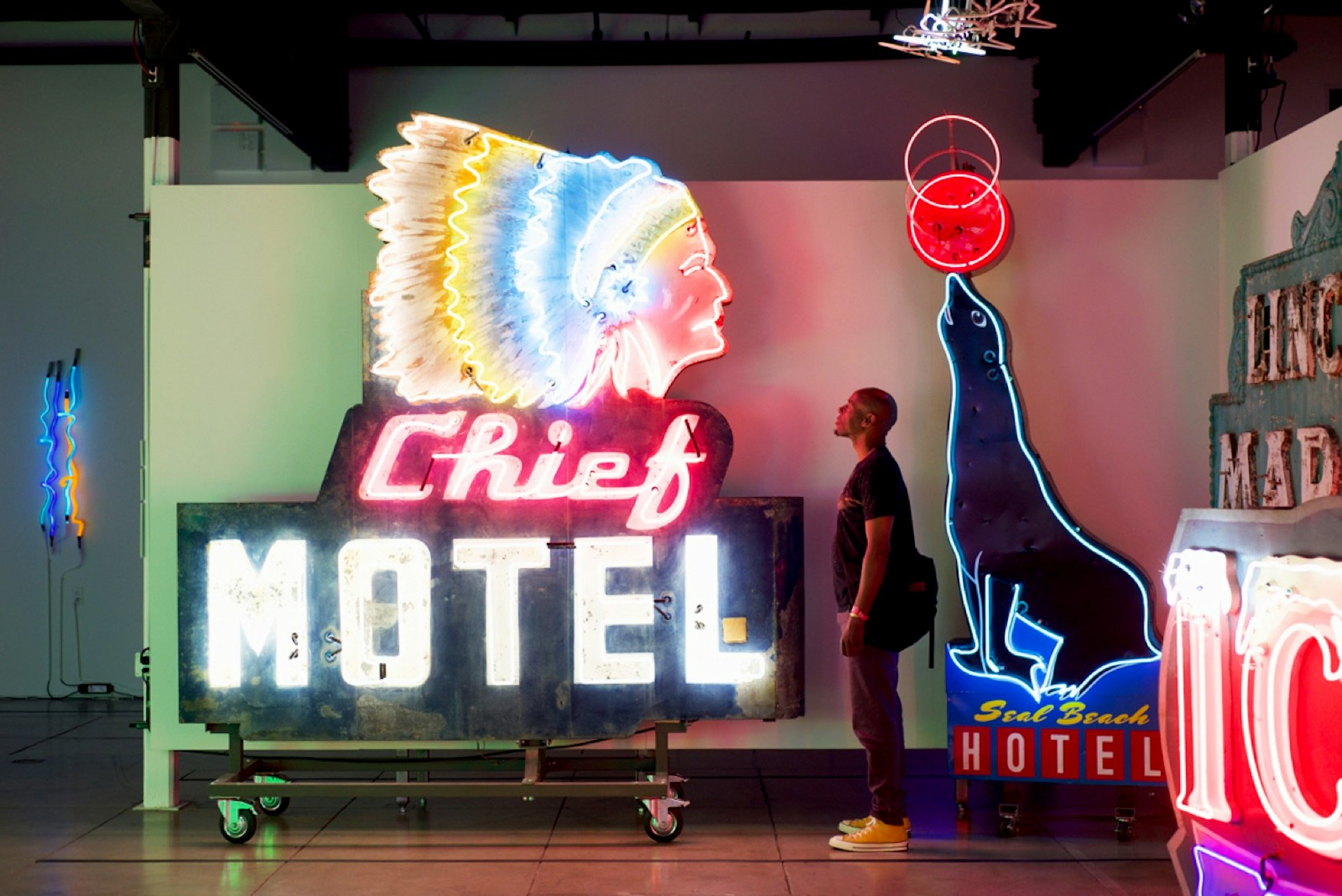 A man stands between a neon artwork of a seal balancing a ball on its nose and the illuminated American Indian head of the Chief Motel; Los Angeles Neon