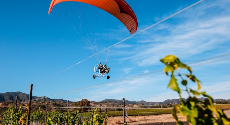 An orange parachute carries a paraglider through a blue sky above the grape vines at a vineyard in San Luis Obispo County, Calfifornia