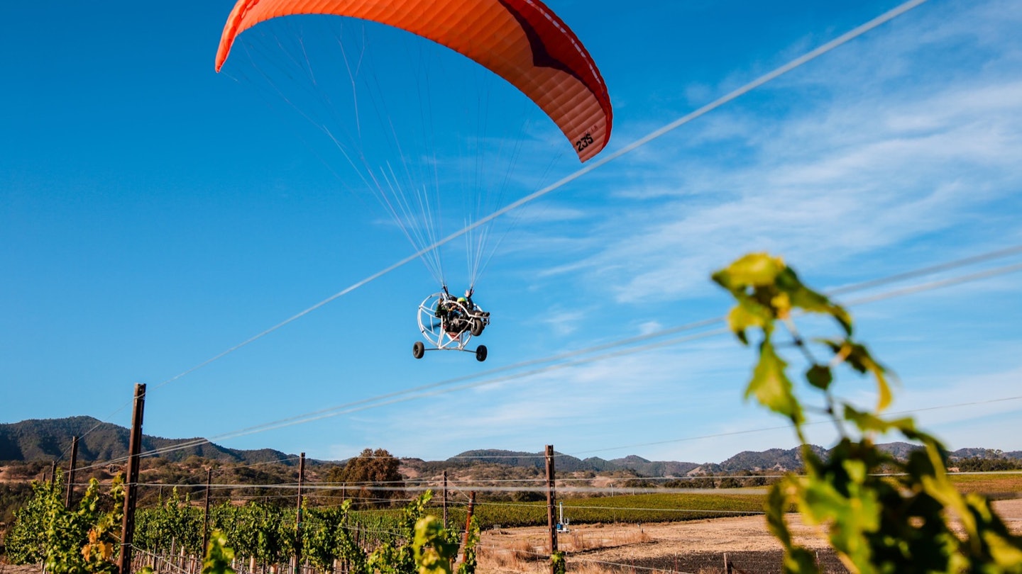 An orange parachute carries a paraglider through a blue sky above the grape vines at a vineyard in San Luis Obispo County, Calfifornia