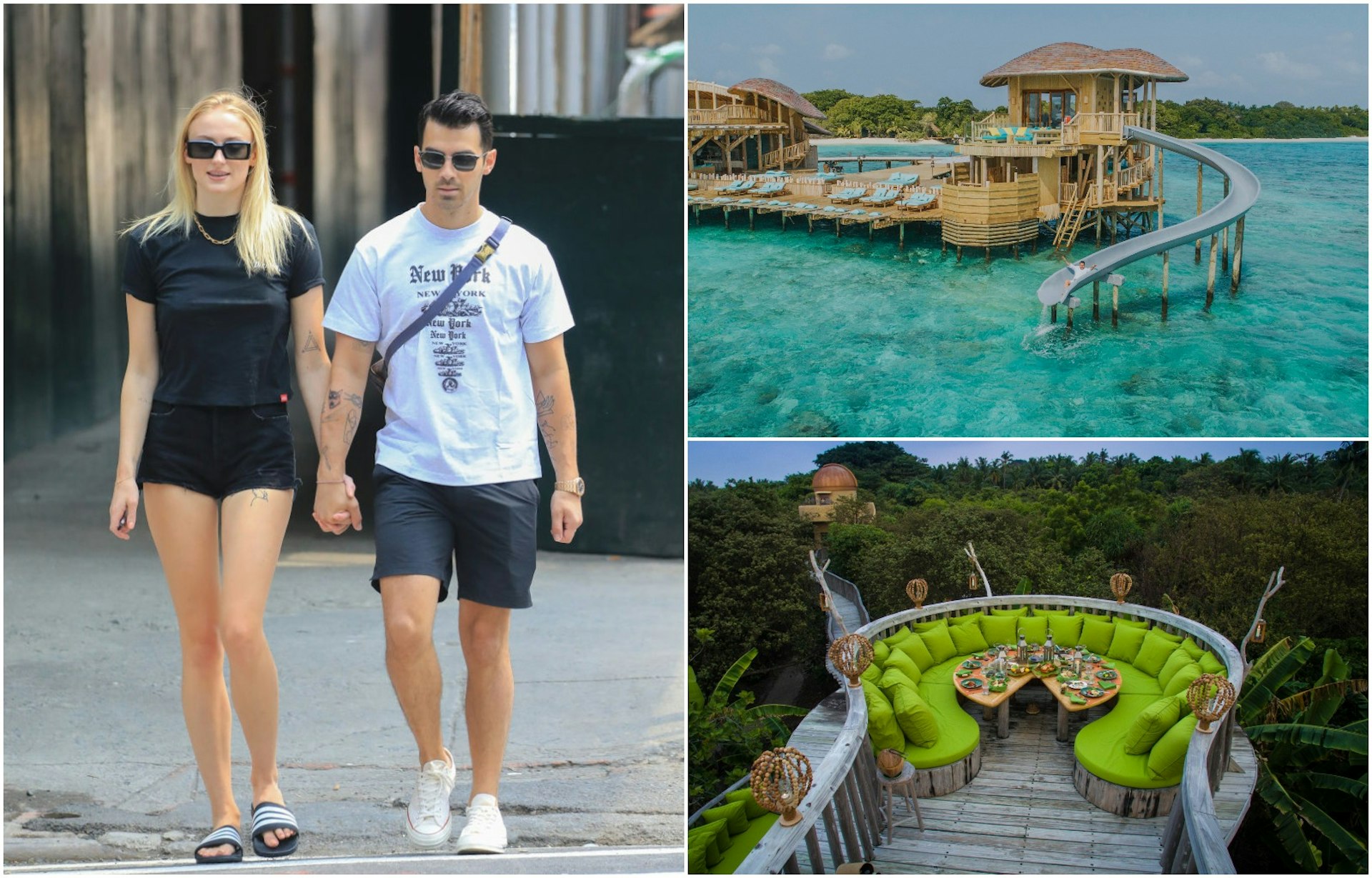 Three images: the large one on the left is of Joe Jonas and Sophie Turner walking down the street hand in hand. Top right is an overwater villa in the Maldives, the bottom right is of a seating area on a balcony overlooking a forest.