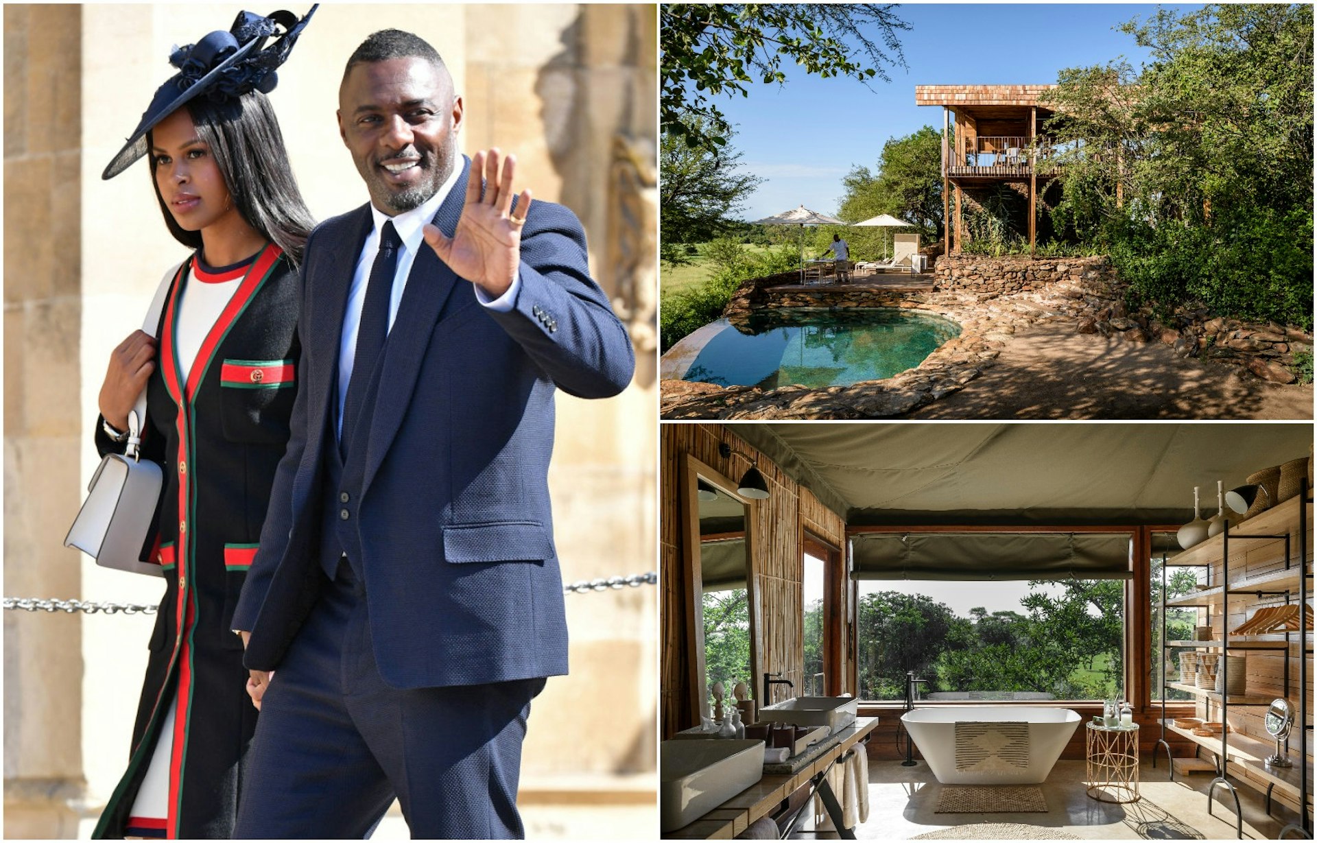 Clockwise from left: Sabrina and Idris walking into the church for Harry and Meghan's wedding while Idris waves to the camera; a side view of the Singita Grumeti lodge and open air pool looking out on the countryside; the luxury bathroom with the bath under a large window in the lodge.