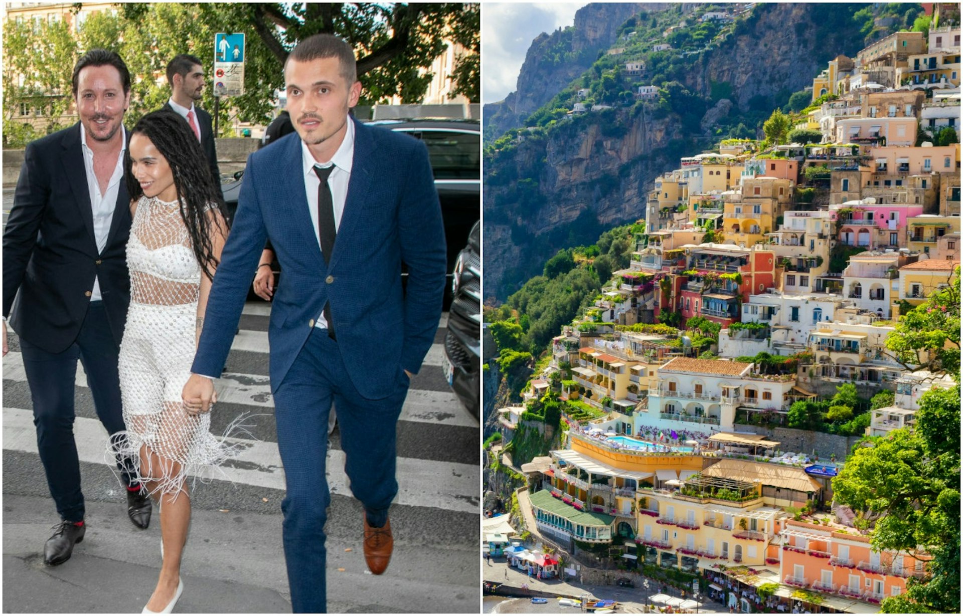 The picture on the left shows Zoe Kravitz and Karl Glusman walking hand in hand down a set of stone steps. The image on the right is of multi-coloured houses built into the side of a cliff in Positano.