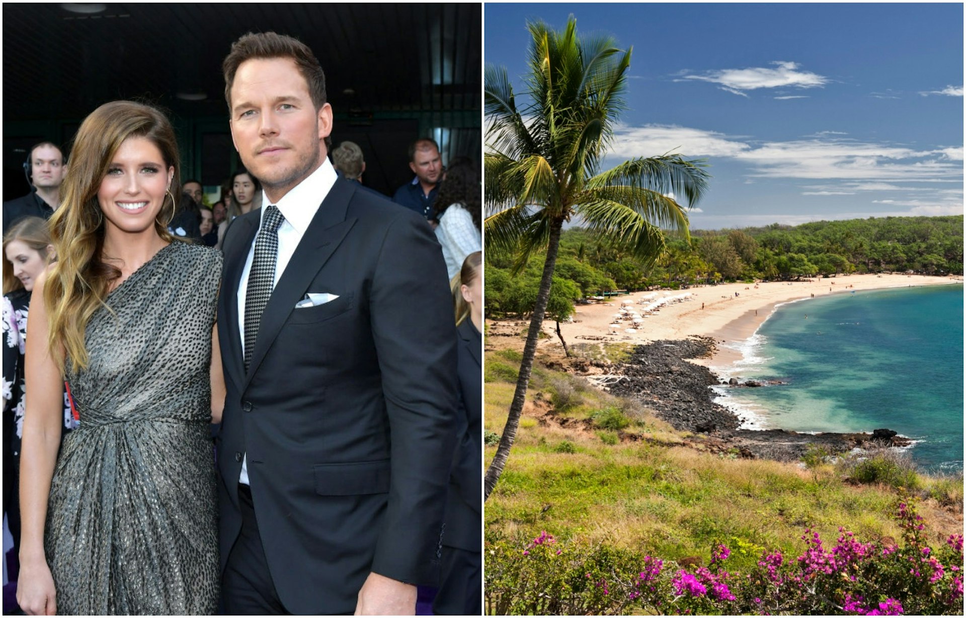 Katherine Schwarzenegger and Chris Pratt pose together on the red carpet; a beach in Lanai'i surrounded by palm trees and flowers.
