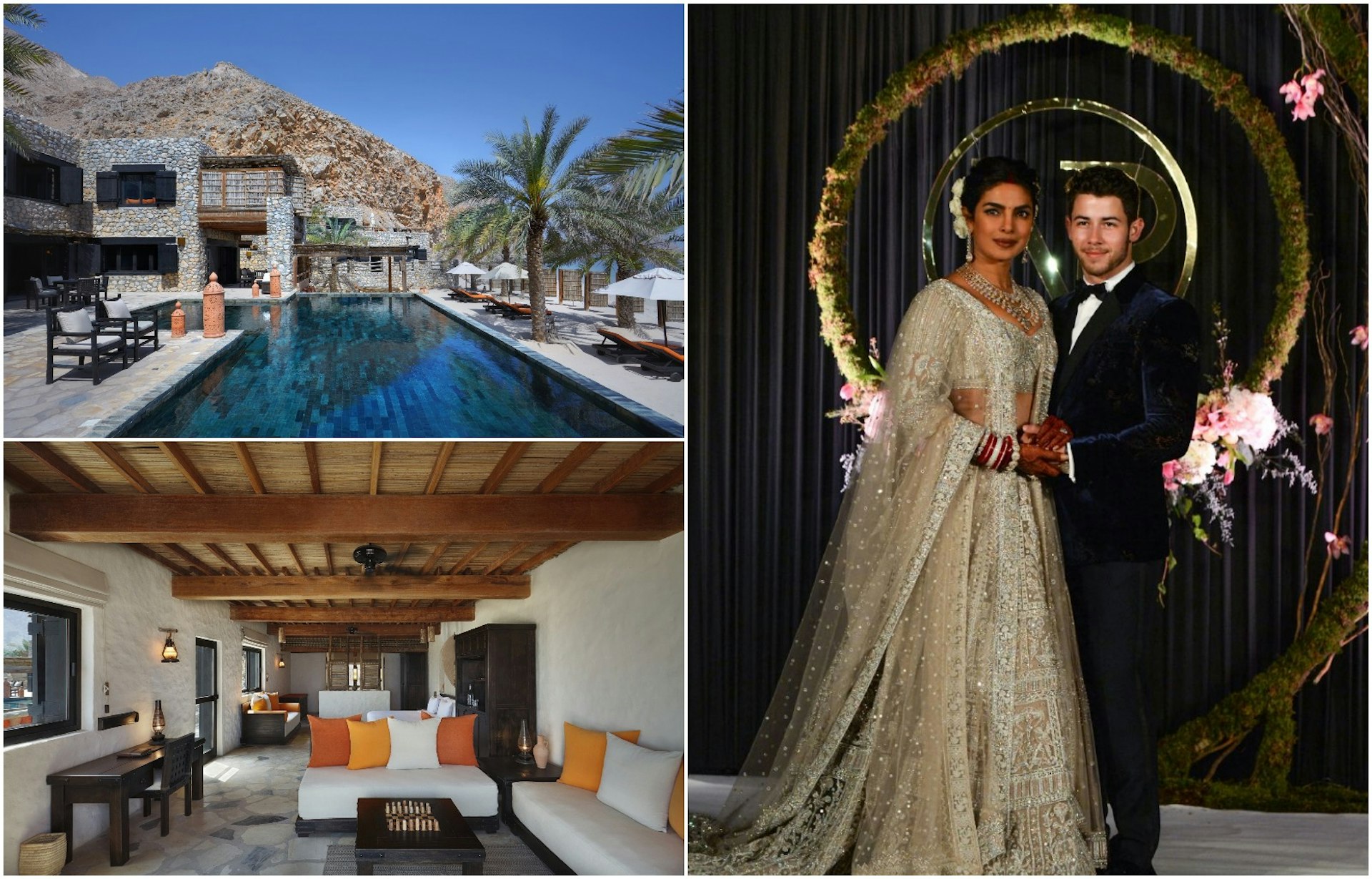 L-R: The pool at Six Senses Zighy Bay; Priyanka Chopra and Nick Jonas on their wedding day; living room at Six Senses Zighy Bay 