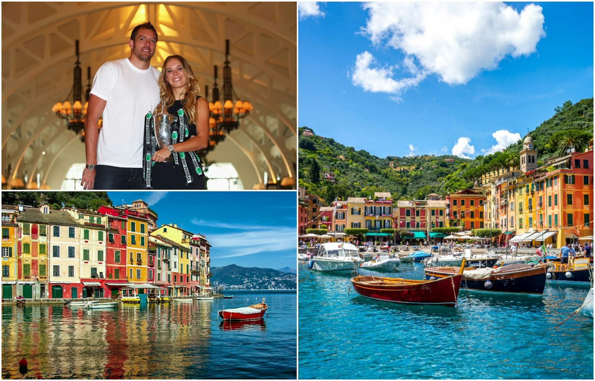 Clockwise from top left: Caroline Wozniaki and David Lee pose together under a vaulted ceiling whil Wozniaki holds her trophy; a harbour scene in Portofino, with small boats floating in the blue water and yellow and orange houses encircling the dock; multicoloured houses line the short and three boats are resting in the water. Hilltop views are visible in the background.