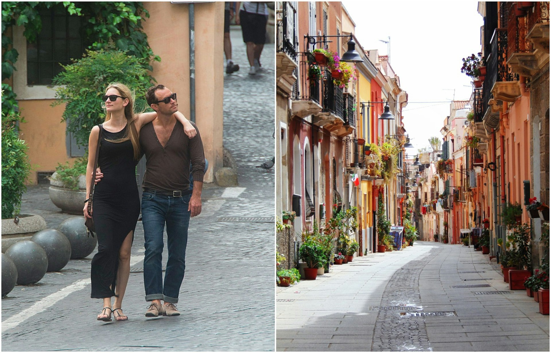 Left to right: Jude Law and Phillipa Coan walk down a cobbled street with their arms around each other; a picturesque Italian street lined with houses of different colours and juliette balconies.