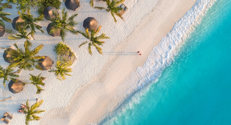 Aerial view of umbrellas, palms on the sandy beach of Indian Ocean at sunset in Zanzibar