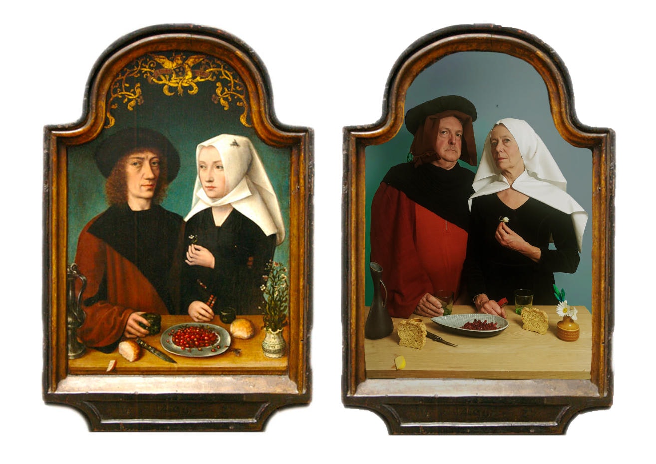 A side-by-side image a couple recreating Self Portrait of the Artist and his Wife, 1496 with the original.jpg