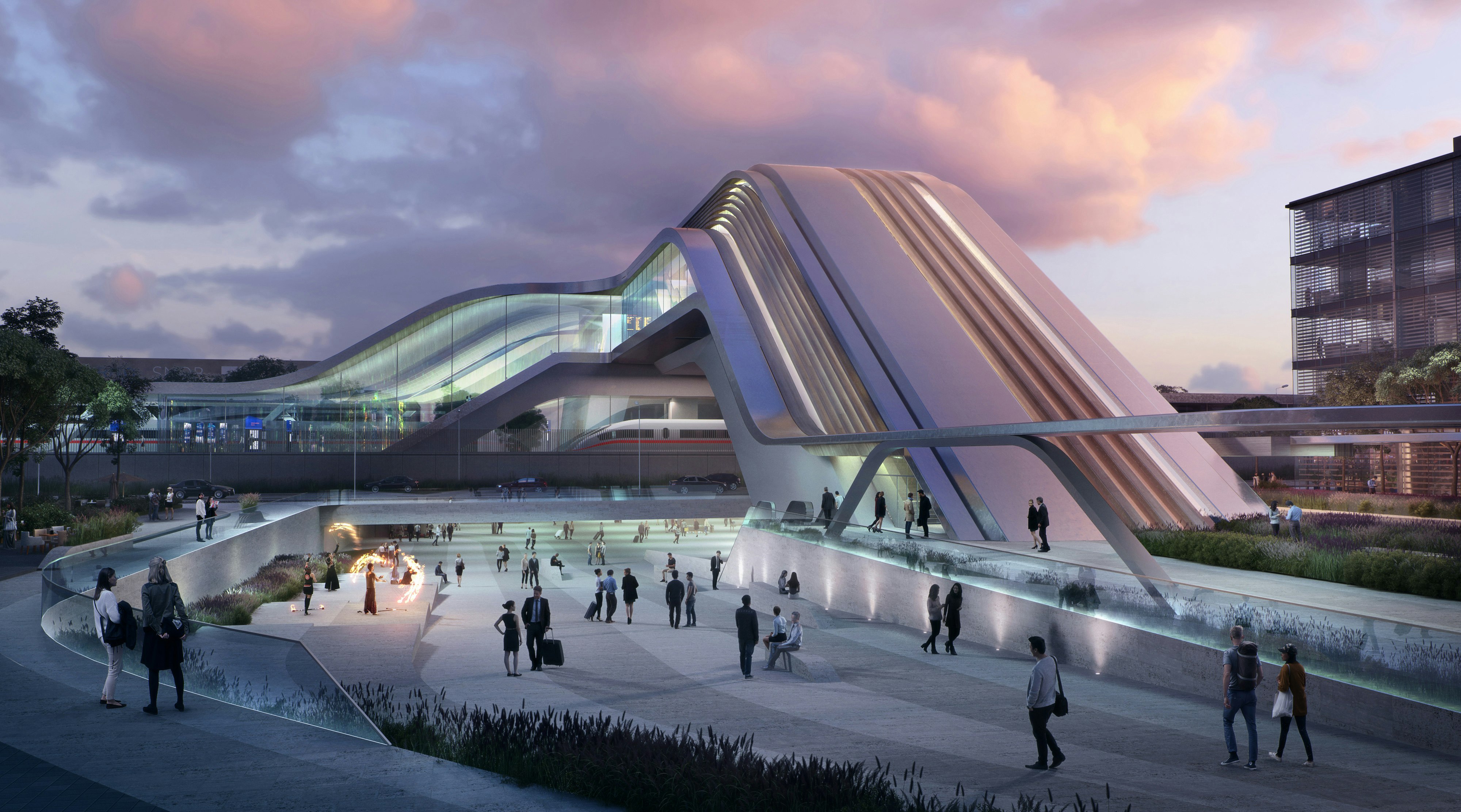 Rendering of the curved bridge at Rail Baltica Terminal
