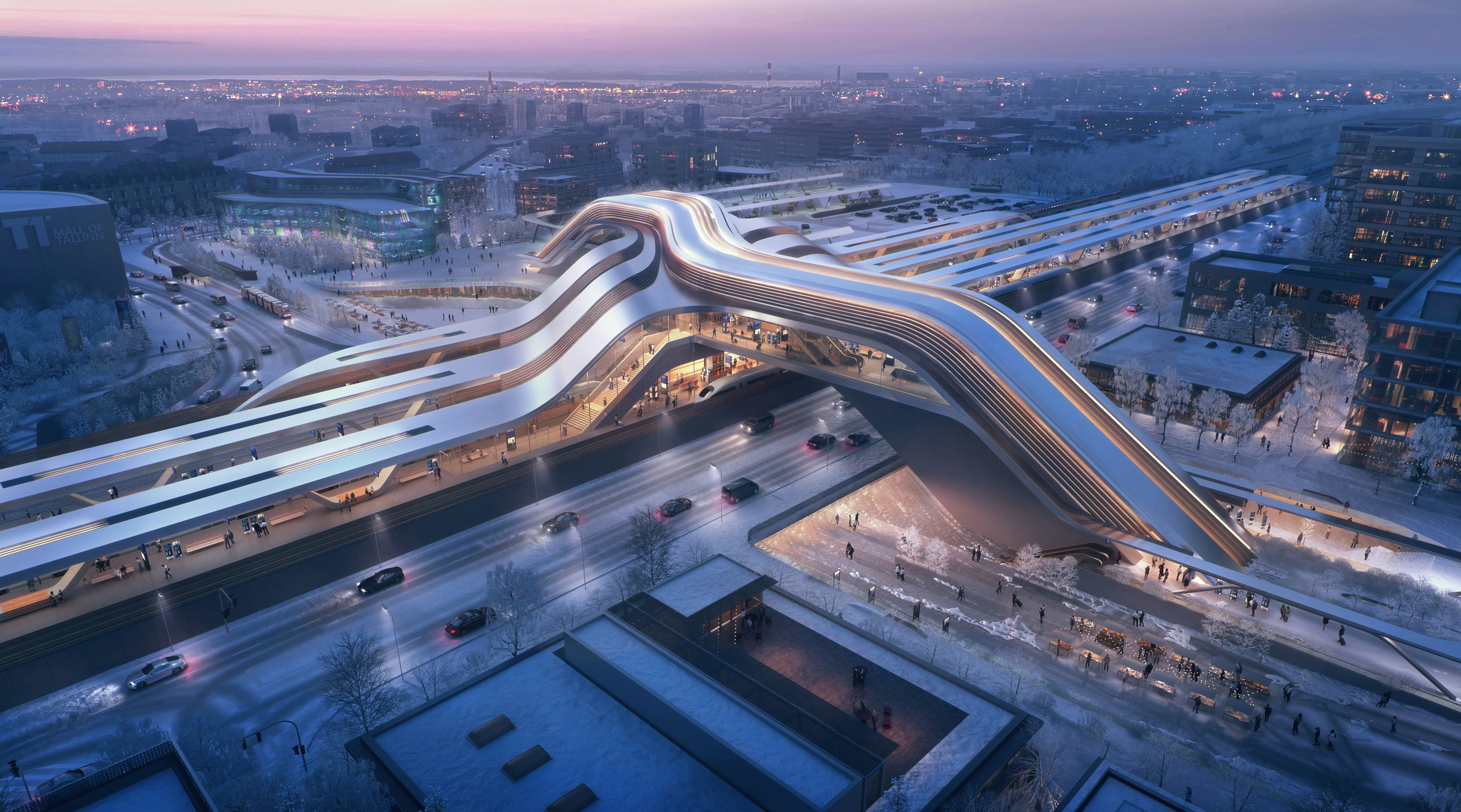 Rendering of a futuristic-style rail station
