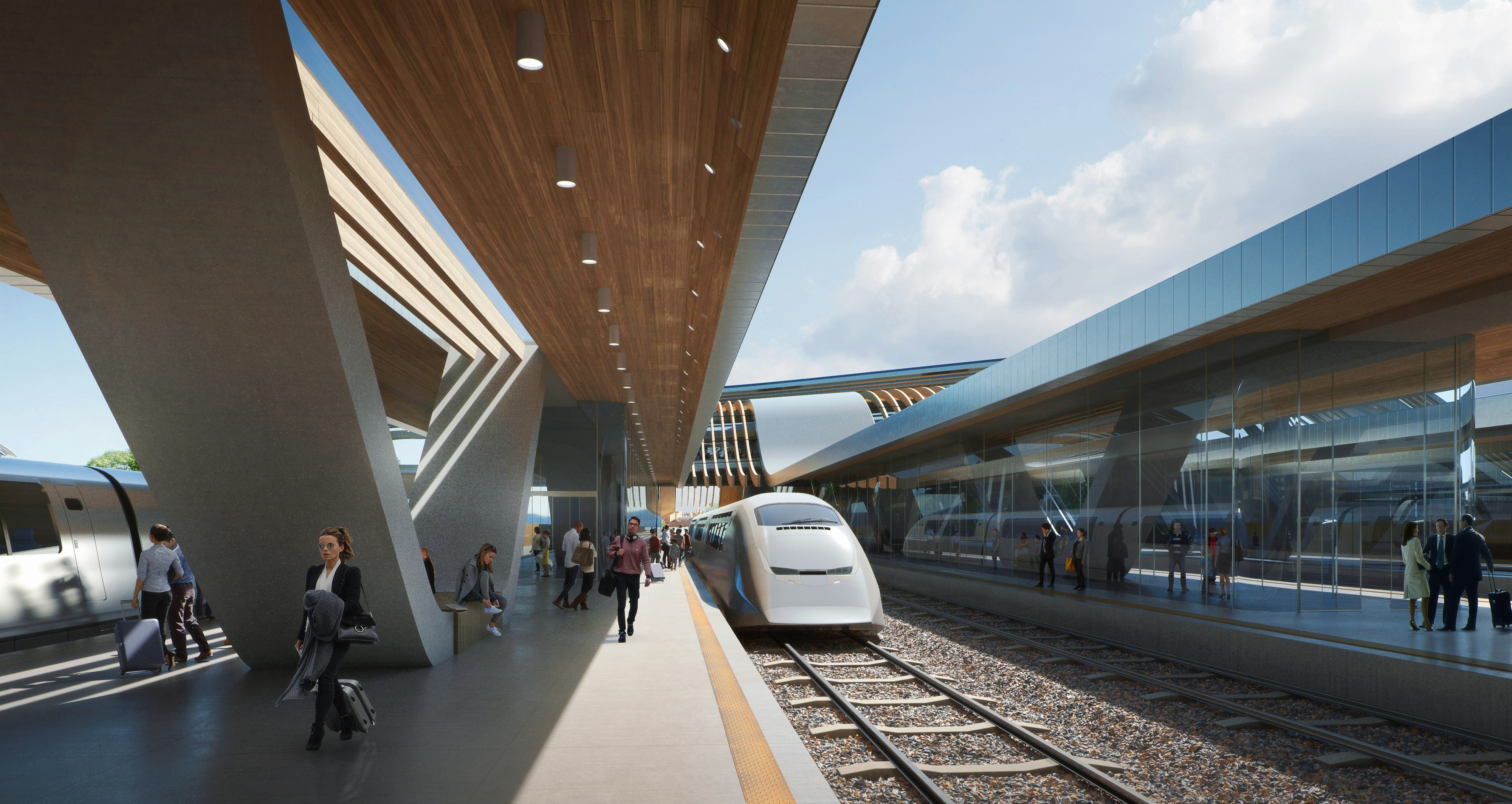 Rendering of a train arriving at the new Rail Baltica Terminal in Tallinn