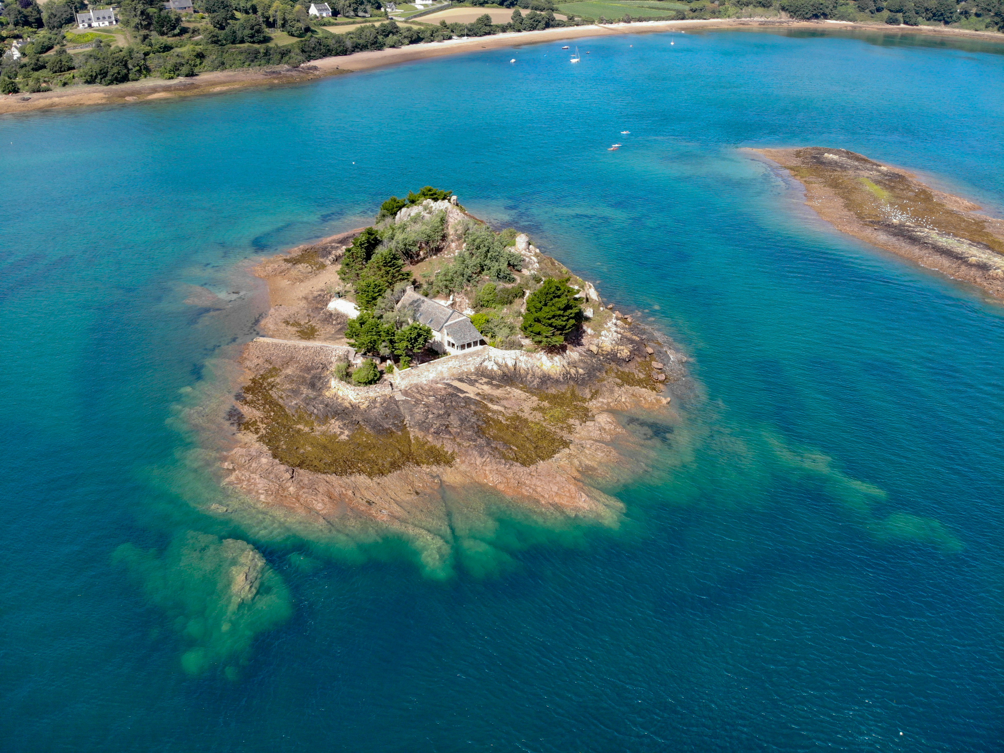 An aerial shot of a private island off the coast of Brittany