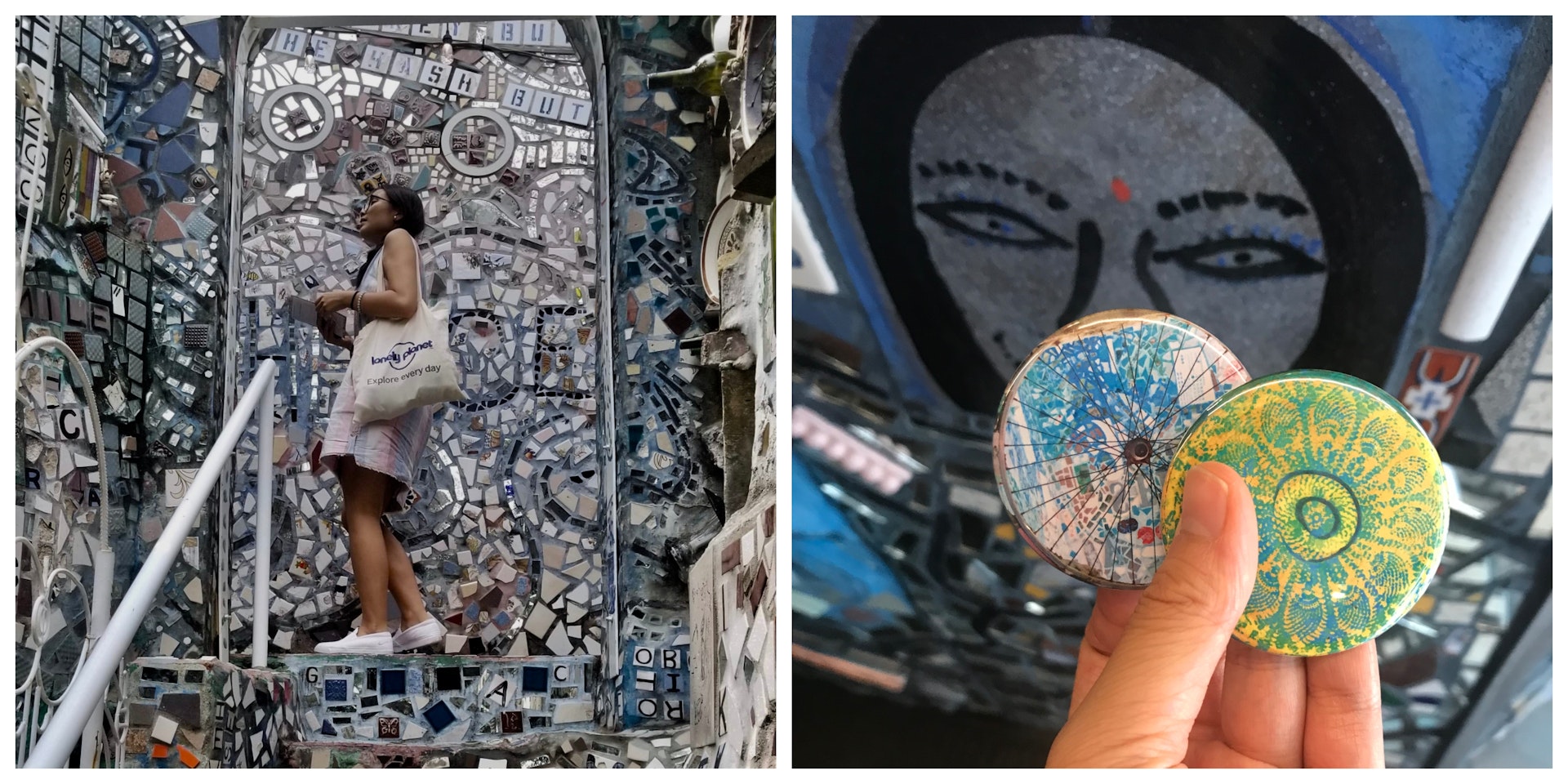 On the left, the author stands at the top of a staircase covered in mosaics, on the right is a close up of two buttons with colourful designs