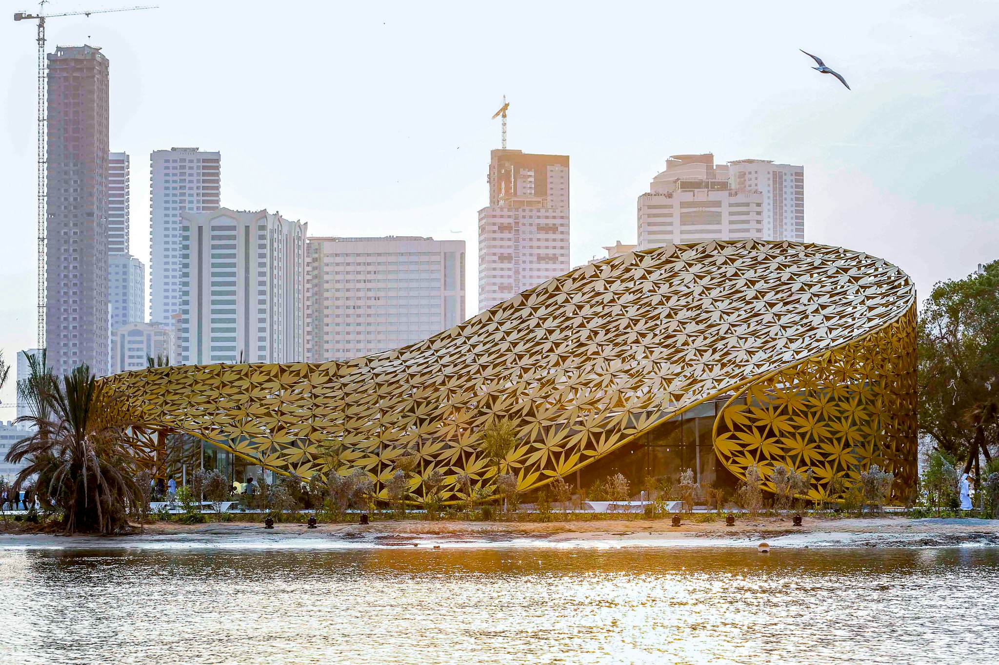 A face-on view of a gold-coloured, undulating modern building. The curving facade is an open lattice; the fretwork is a pattern of palm leaves.