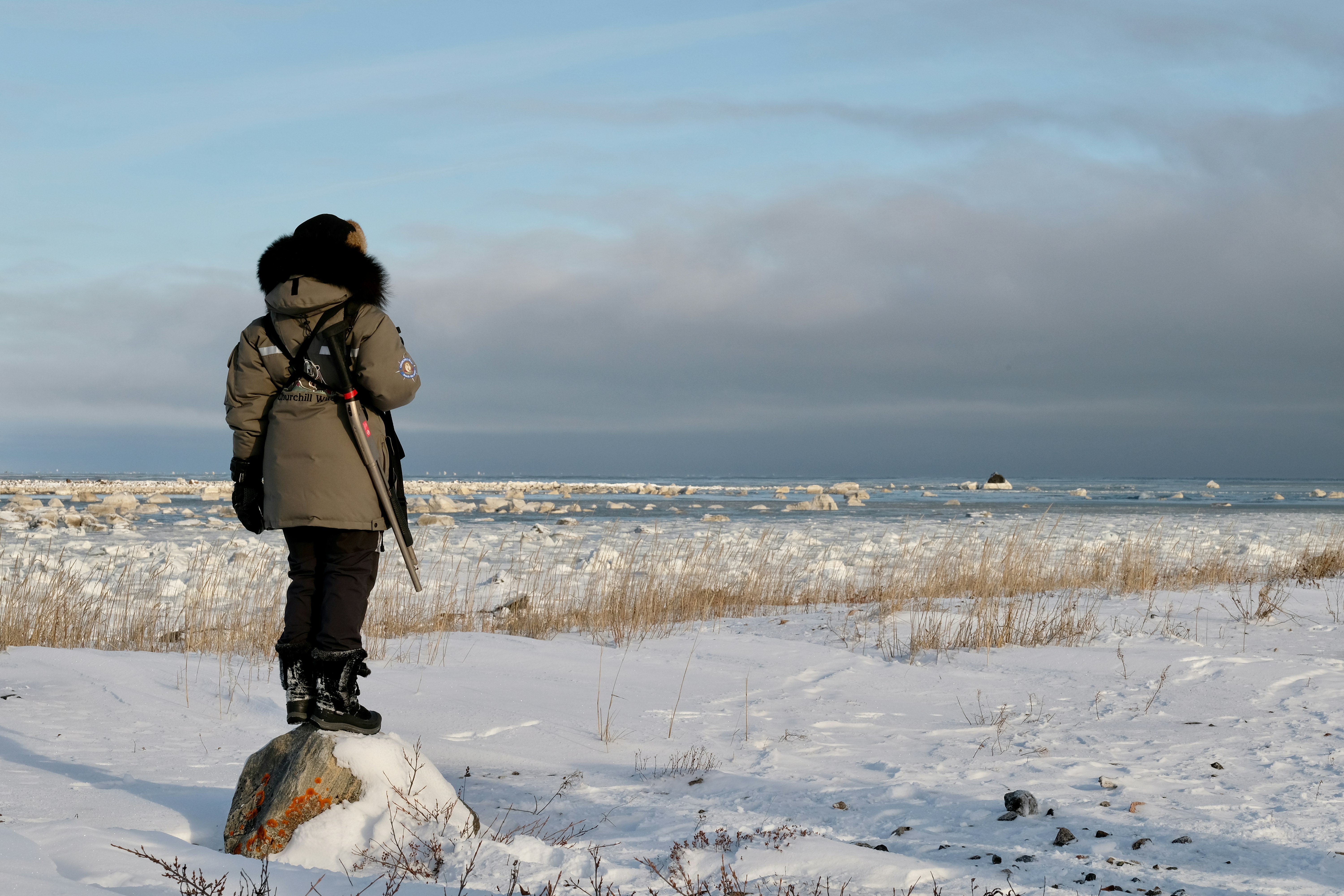 A guide dressed warmly in a winter coat watches for polar bears across snowy tundra
