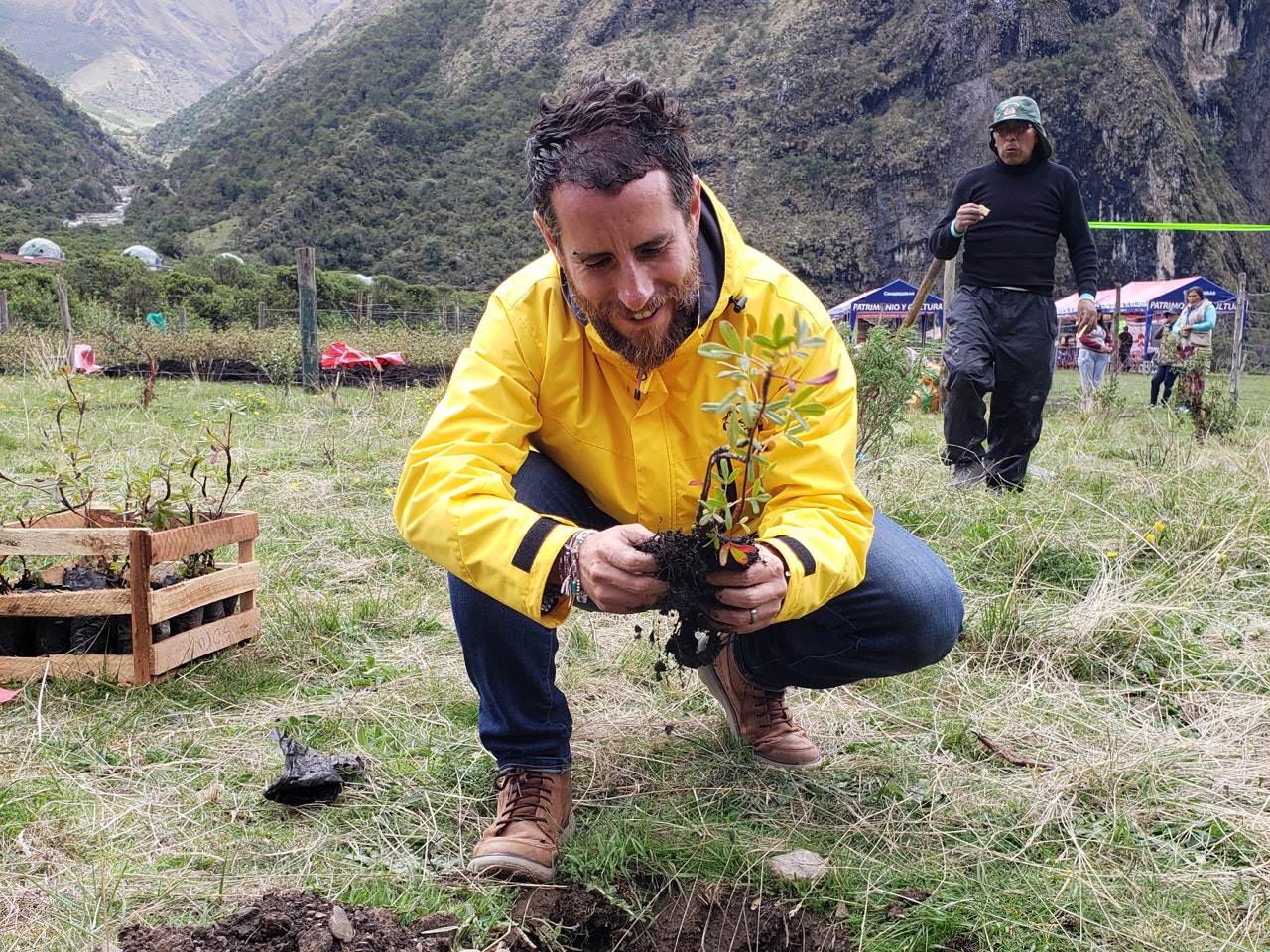 A man in a yellow jacket planting a small tree 