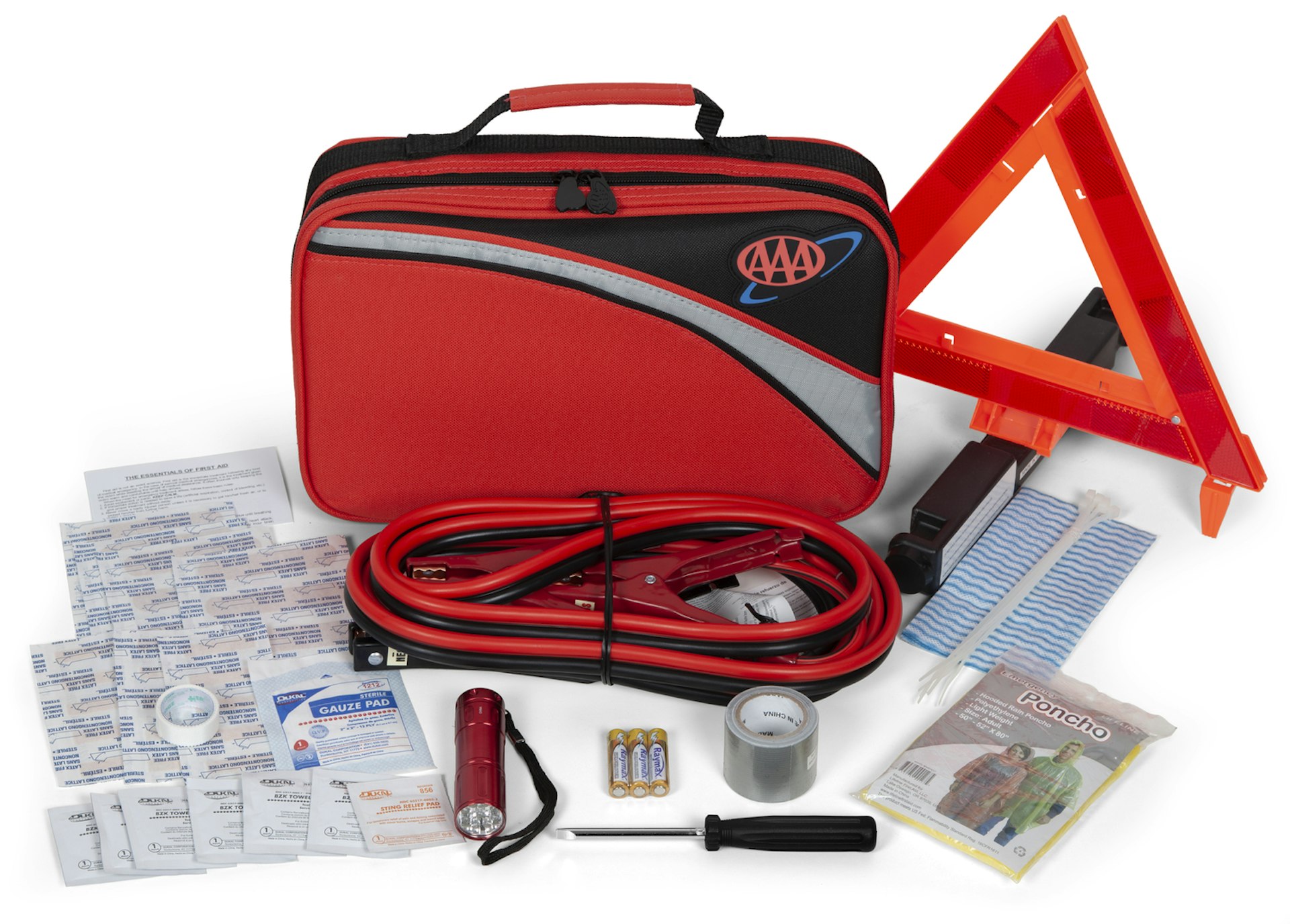 Lifeline's AAA Traveler Road kit, a red bag with jumper cables, first-aid supplies, and more