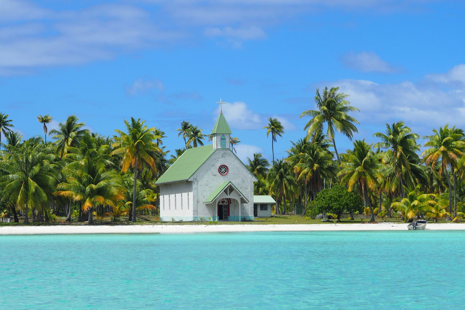 An abandoned church viewed from the water on Anaa, French Polynesia
