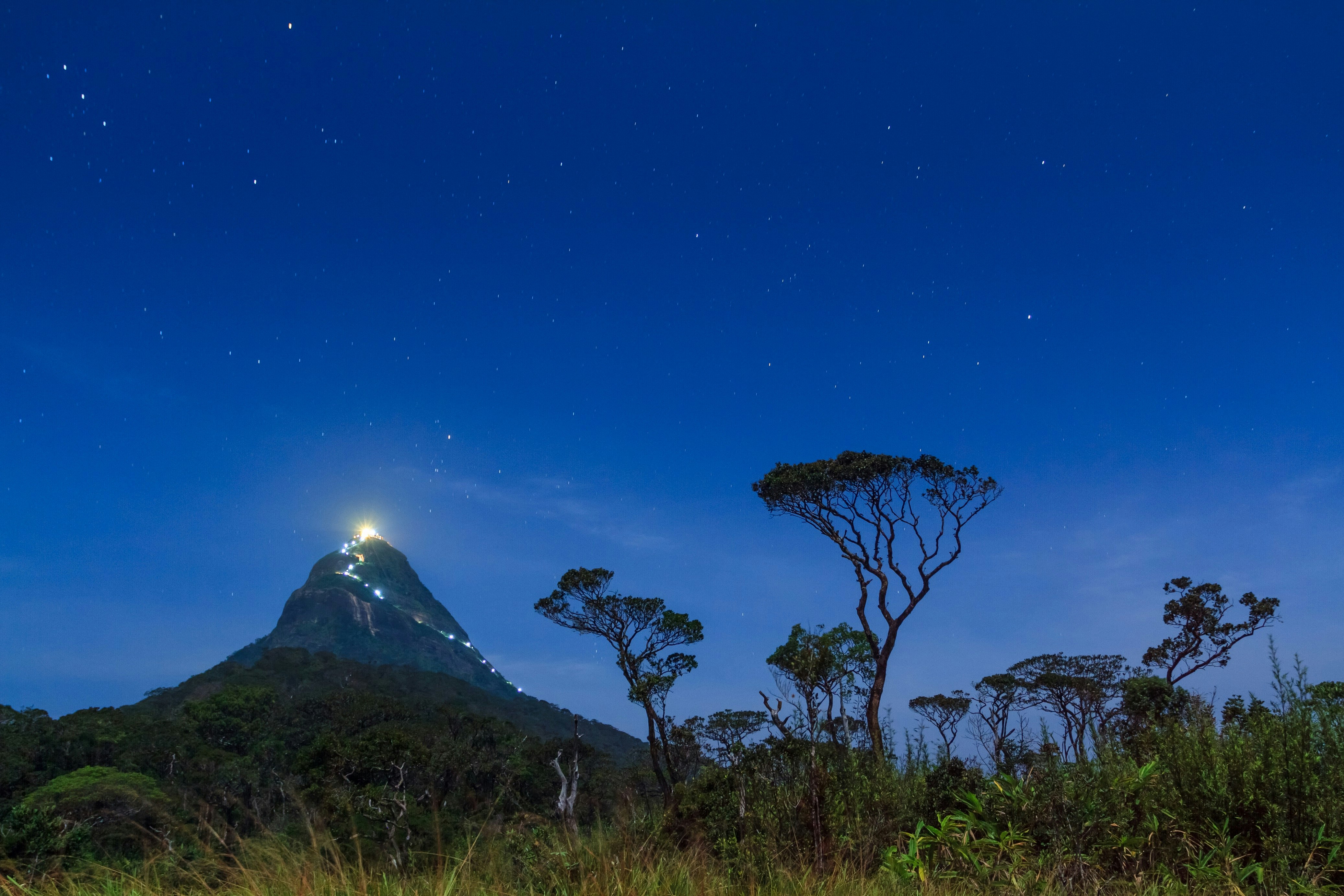 An image of Adam's Peak at night captured from a distance. The illuminated walkway up the mountain is making a light trail that spirals around the mountain, while the rest of the image is dark.