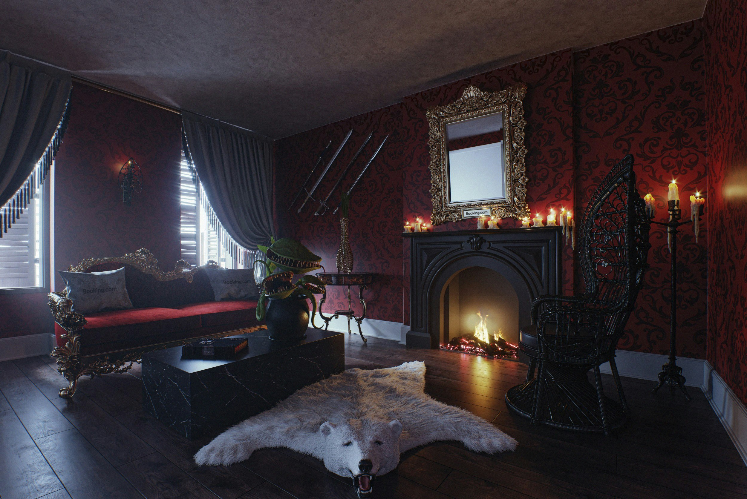 The macabre living room of the replica of the Addams Family mansion in Brooklyn