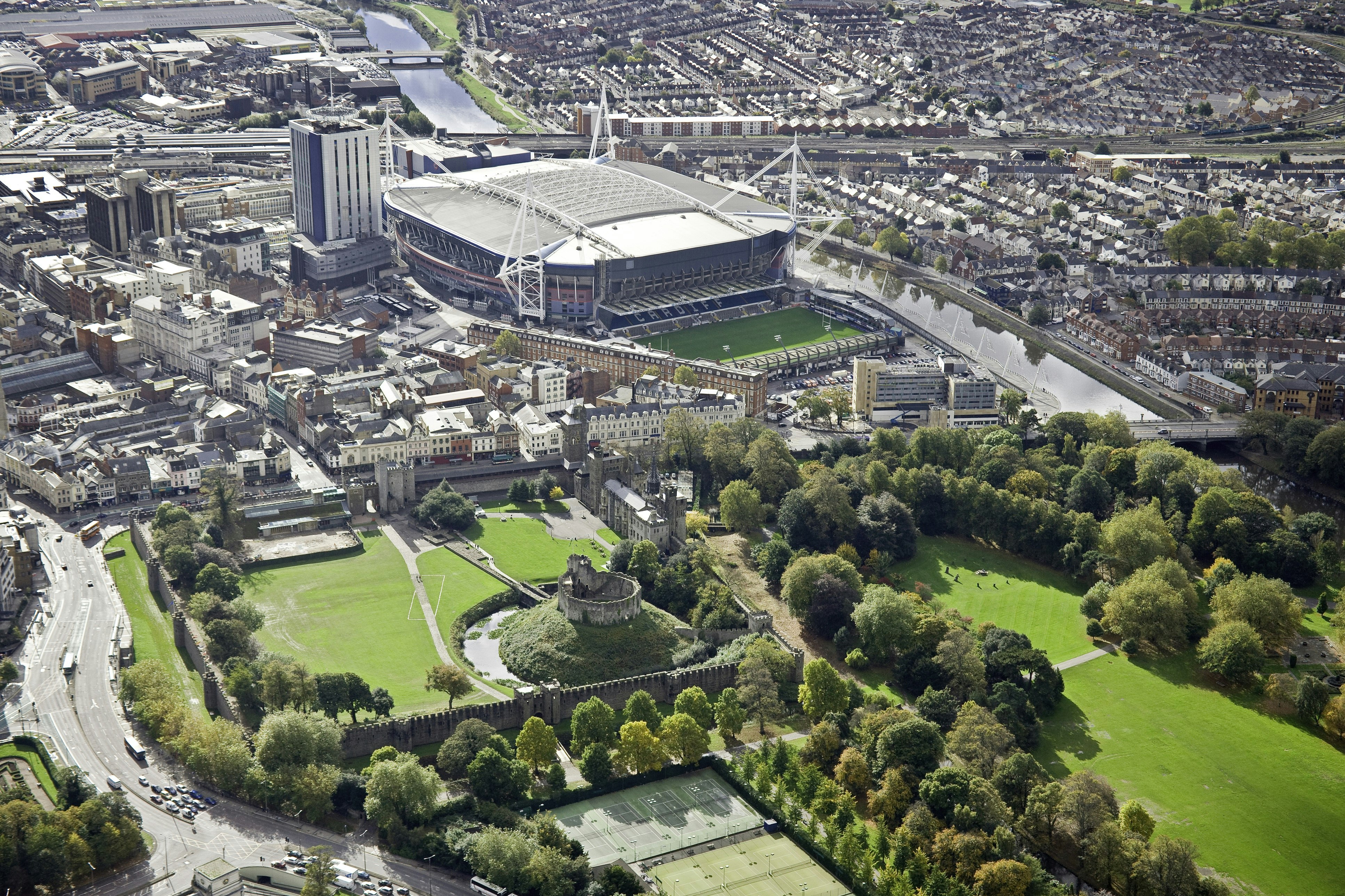 An aerial view of Cardiff city centre which shows Cardiff Castle, Bute Park and the Principality Stadium