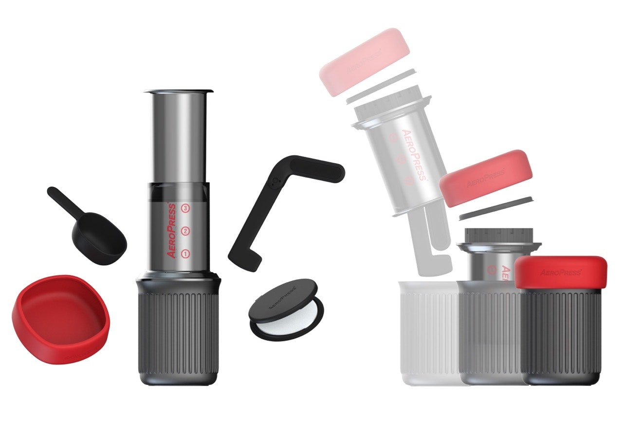 Aeropress Go travel coffee press, individual elements and a graphic showing how they fit together
