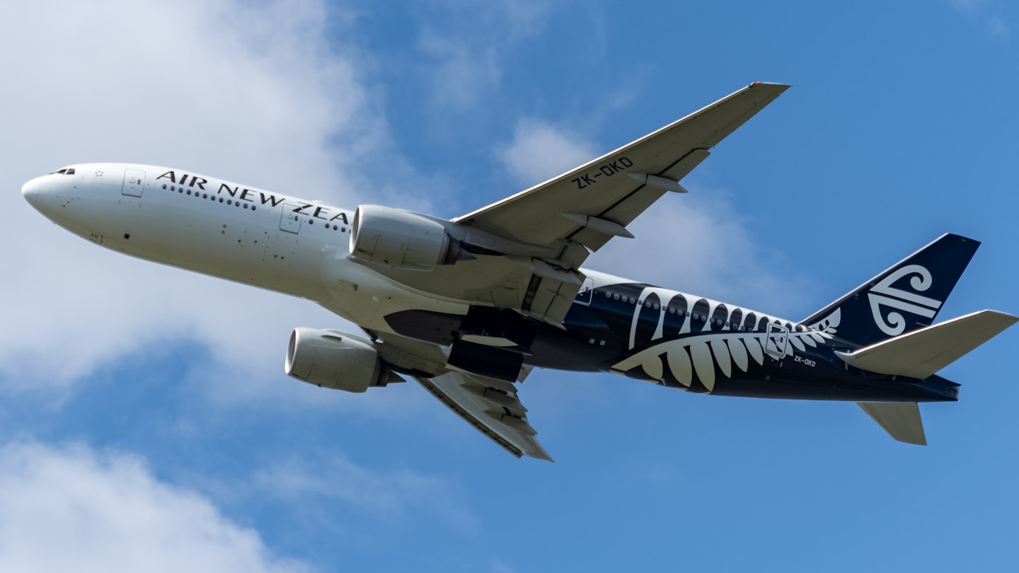 Air New Zealand’s Boeing 777 flying over Auckland City