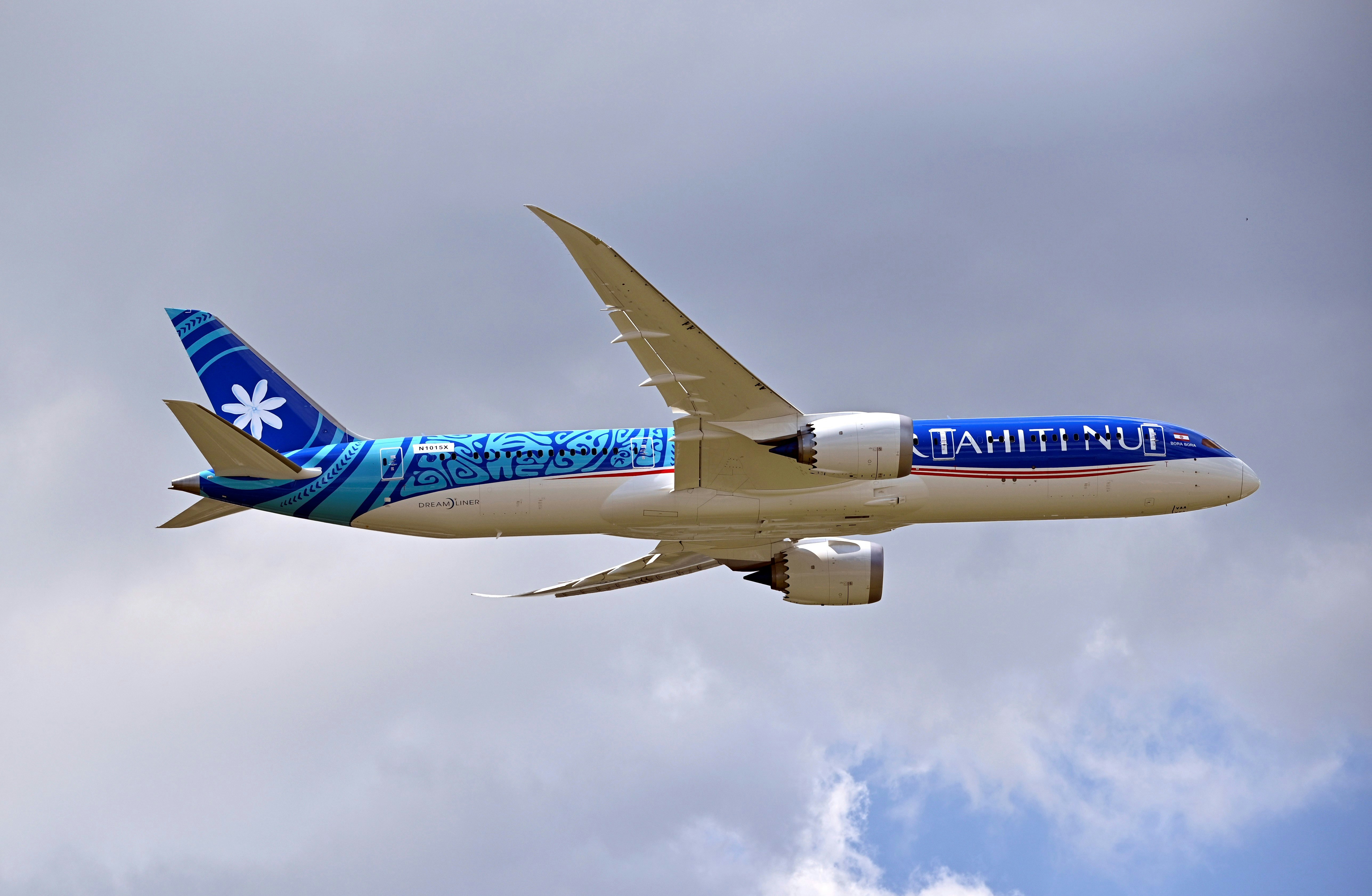 A Boeing 787-9 Dreamliner of Air Tahiti Nui performs during the 53rd International Paris Air Show at Le Bourget Airport near Paris, France on June 18, 2019. 