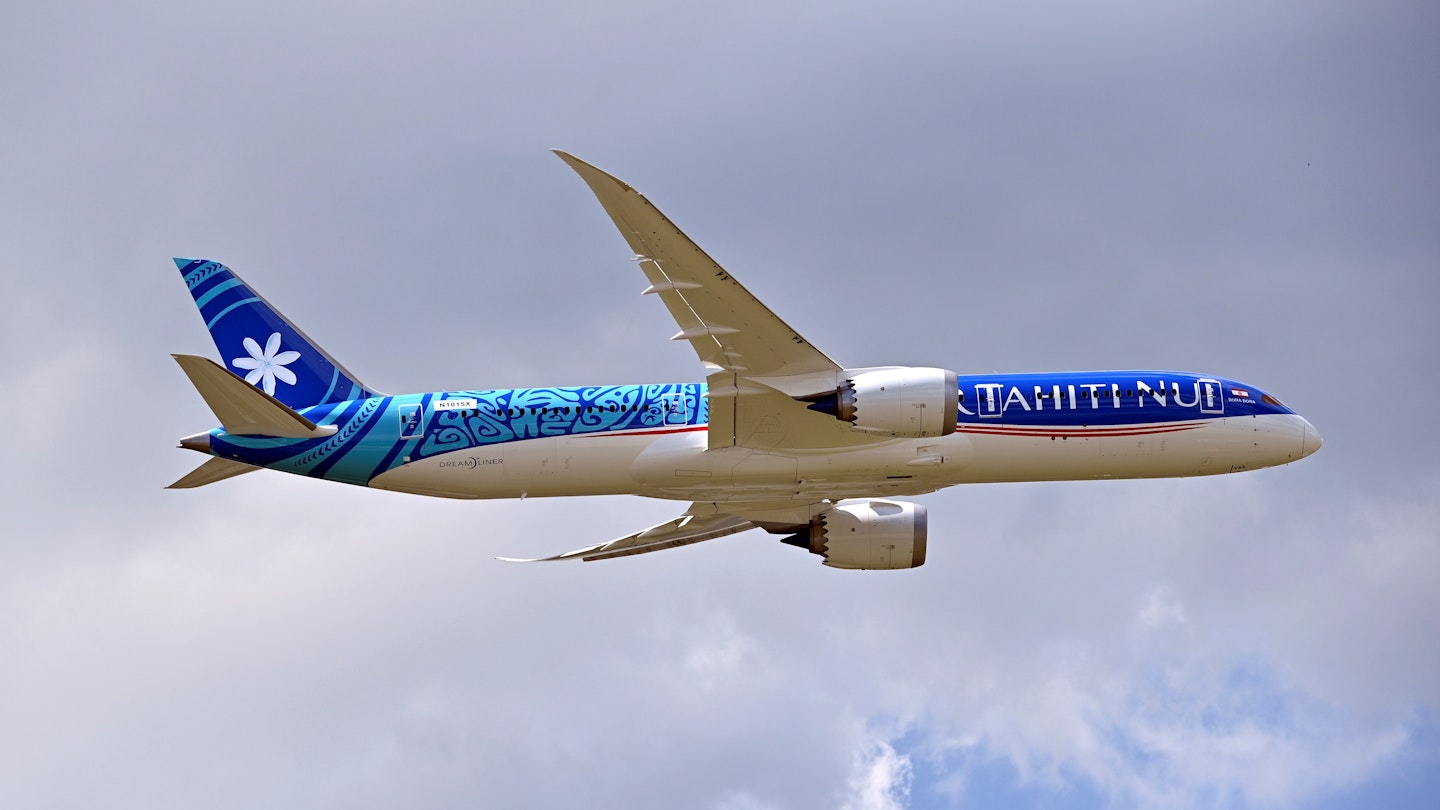 A Boeing 787-9 Dreamliner of Air Tahiti Nui performs during the 53rd International Paris Air Show at Le Bourget Airport near Paris, France on June 18, 2019. 