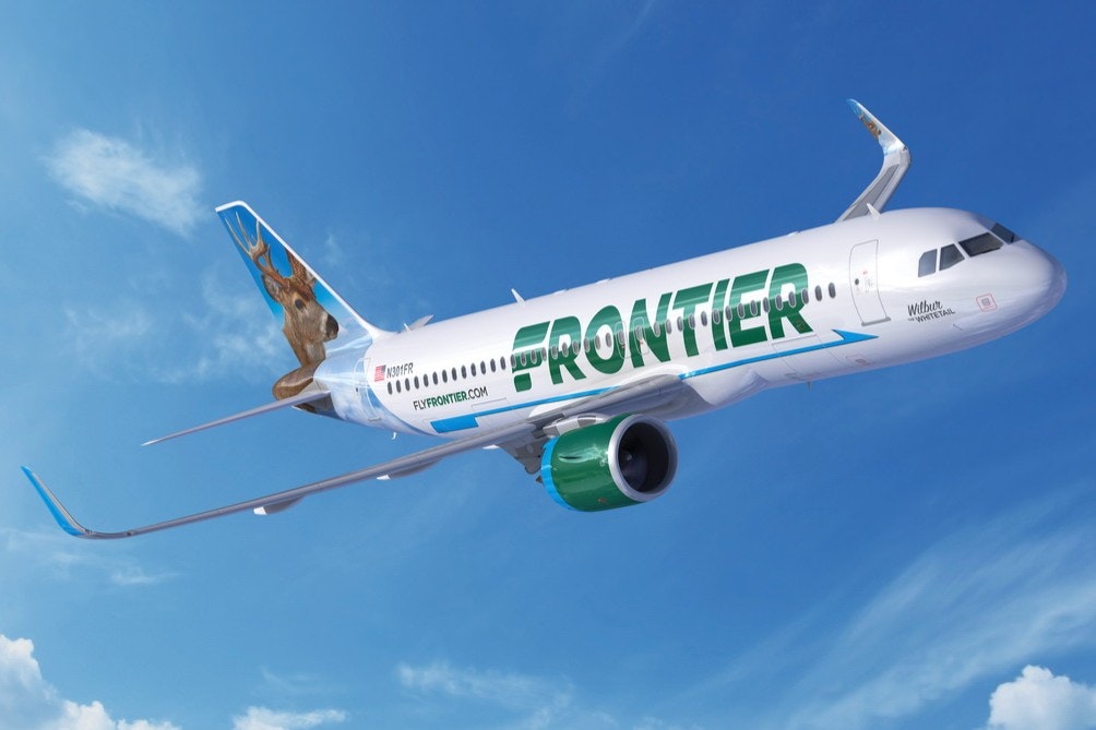 An Airbus with Frontier livery in flight